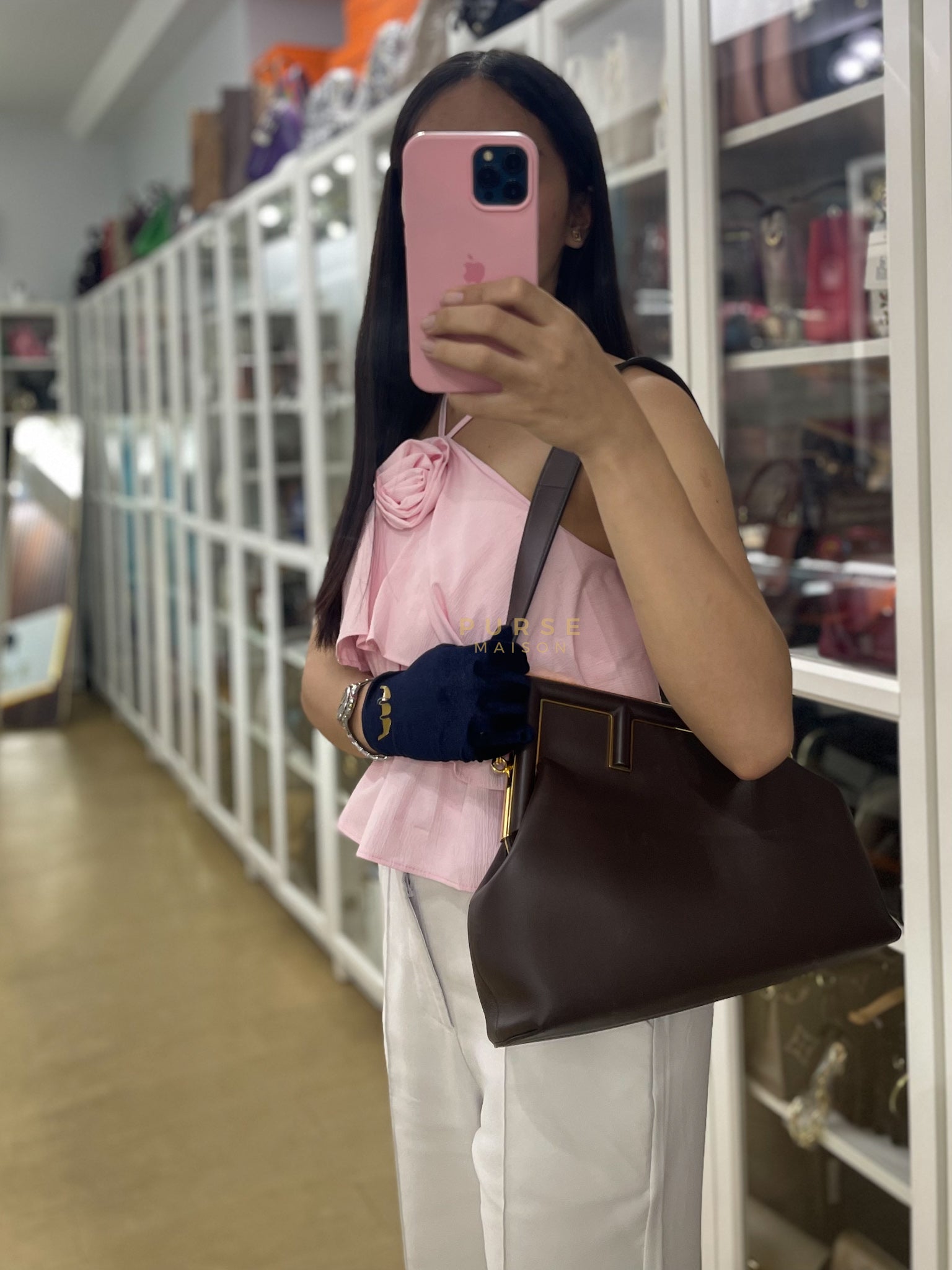 First Medium in Chocolate Shiny Calfskin Leather Two-Way Bag | Purse Maison Luxury Bags Shop