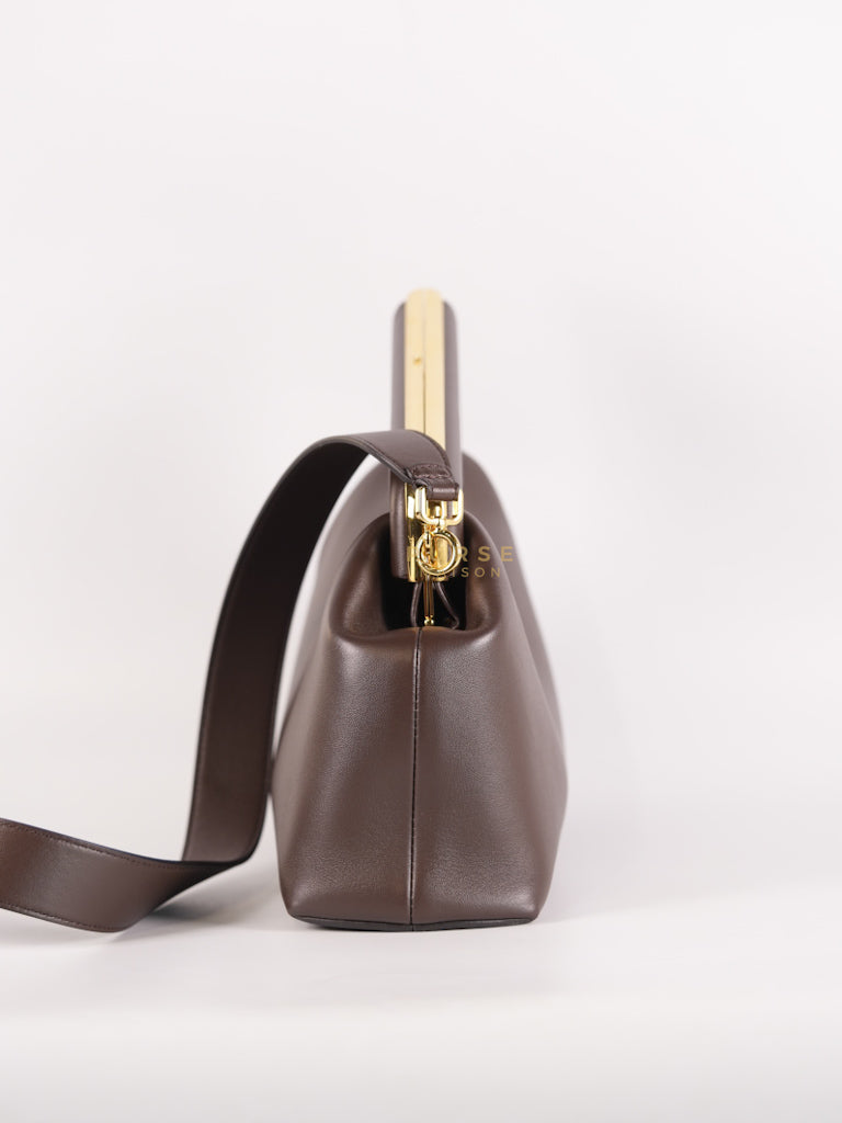 First Medium in Chocolate Shiny Calfskin Leather Two-Way Bag | Purse Maison Luxury Bags Shop