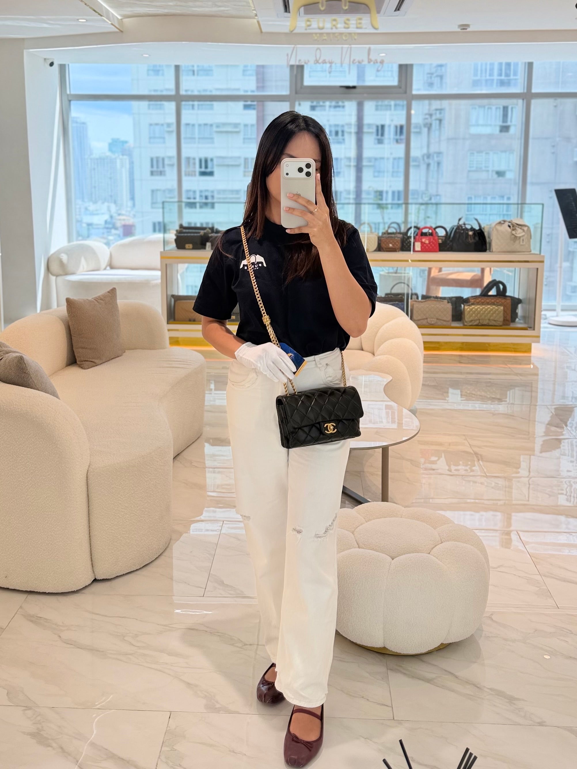 Flap Bag Small in Black Quilted Lambskin Leather & Gold Hardware with Adjustable Strap (Microchip) | Purse Maison Luxury Bags Shop