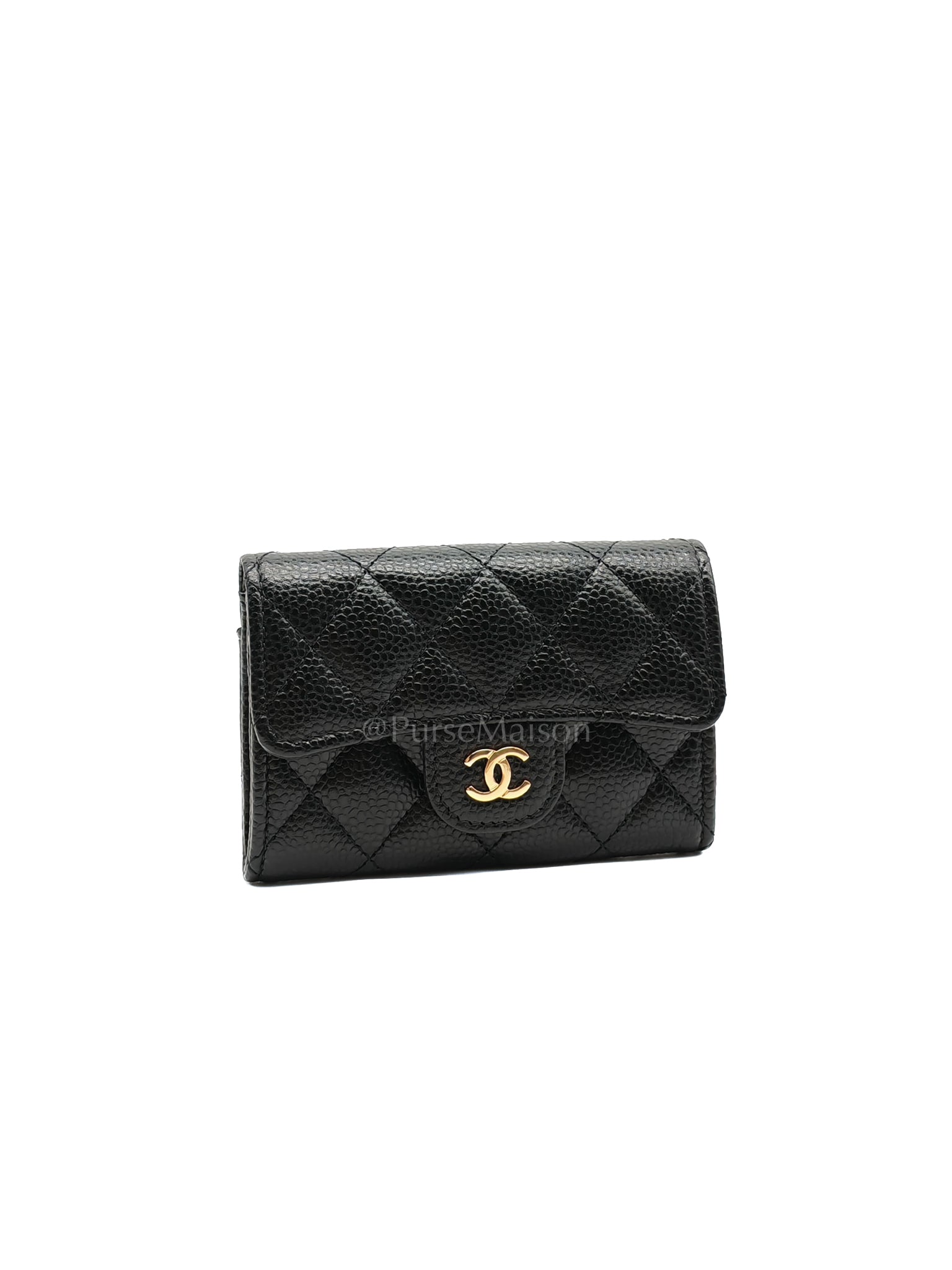Flap Card Holder in Black Caviar Leather and Gold Hardware (Microchip) | Purse Maison Luxury Bags Shop