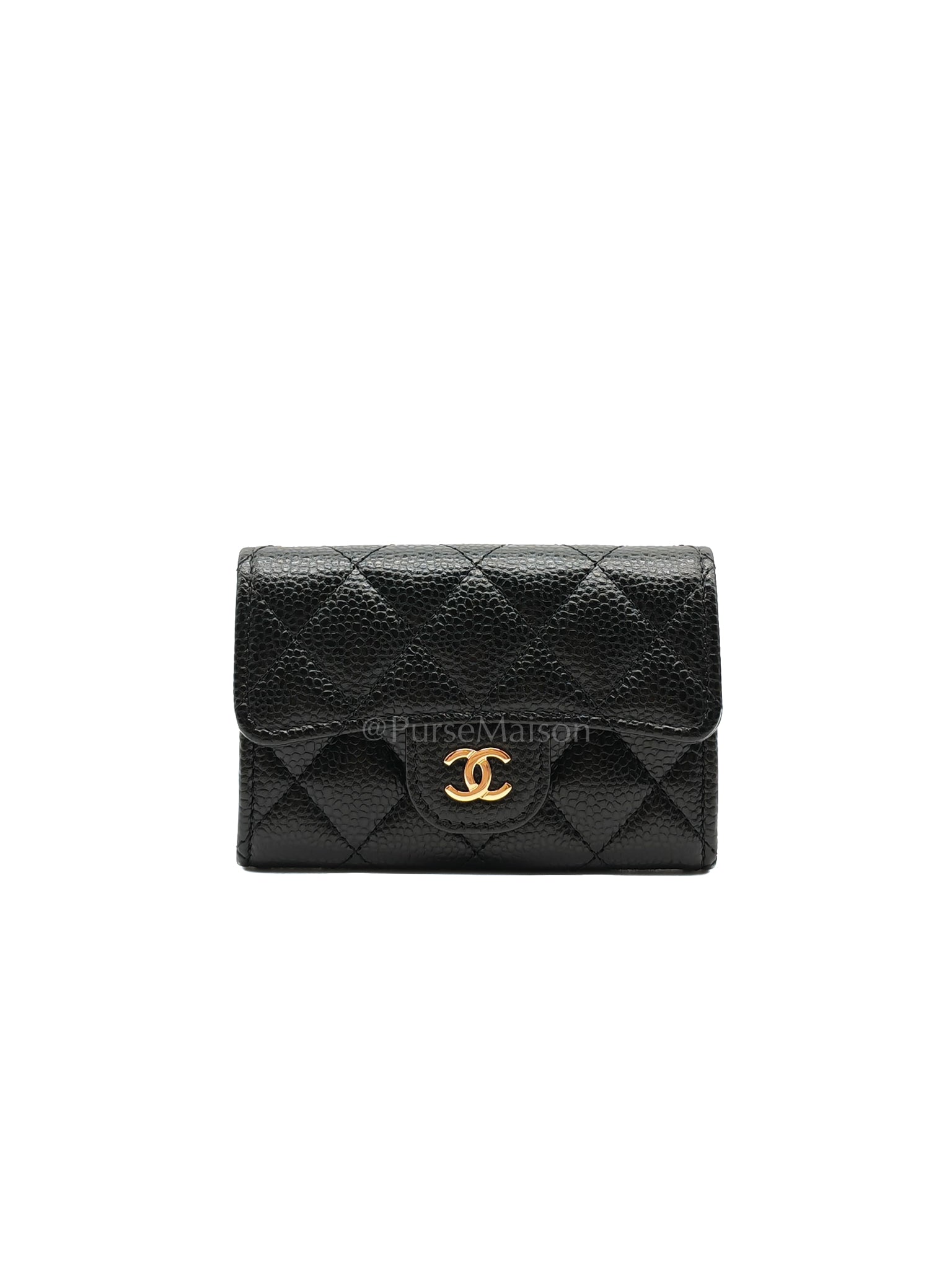 Flap Card Holder in Black Caviar Leather and Gold Hardware (Microchip) | Purse Maison Luxury Bags Shop