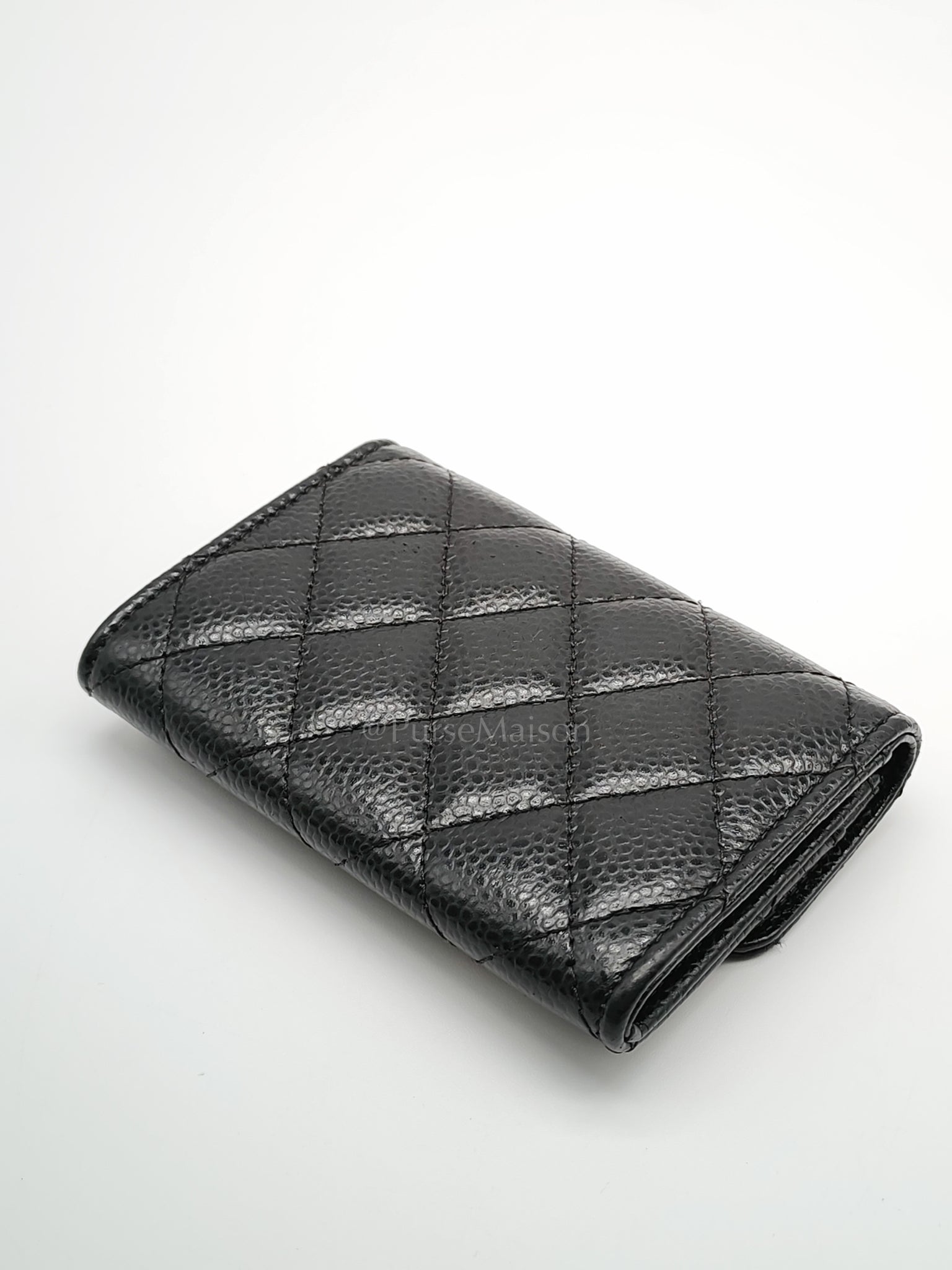 Flap Card Holder in Black Caviar Leather and Gold Hardware Series 27 | Purse Maison Luxury Bags Shop