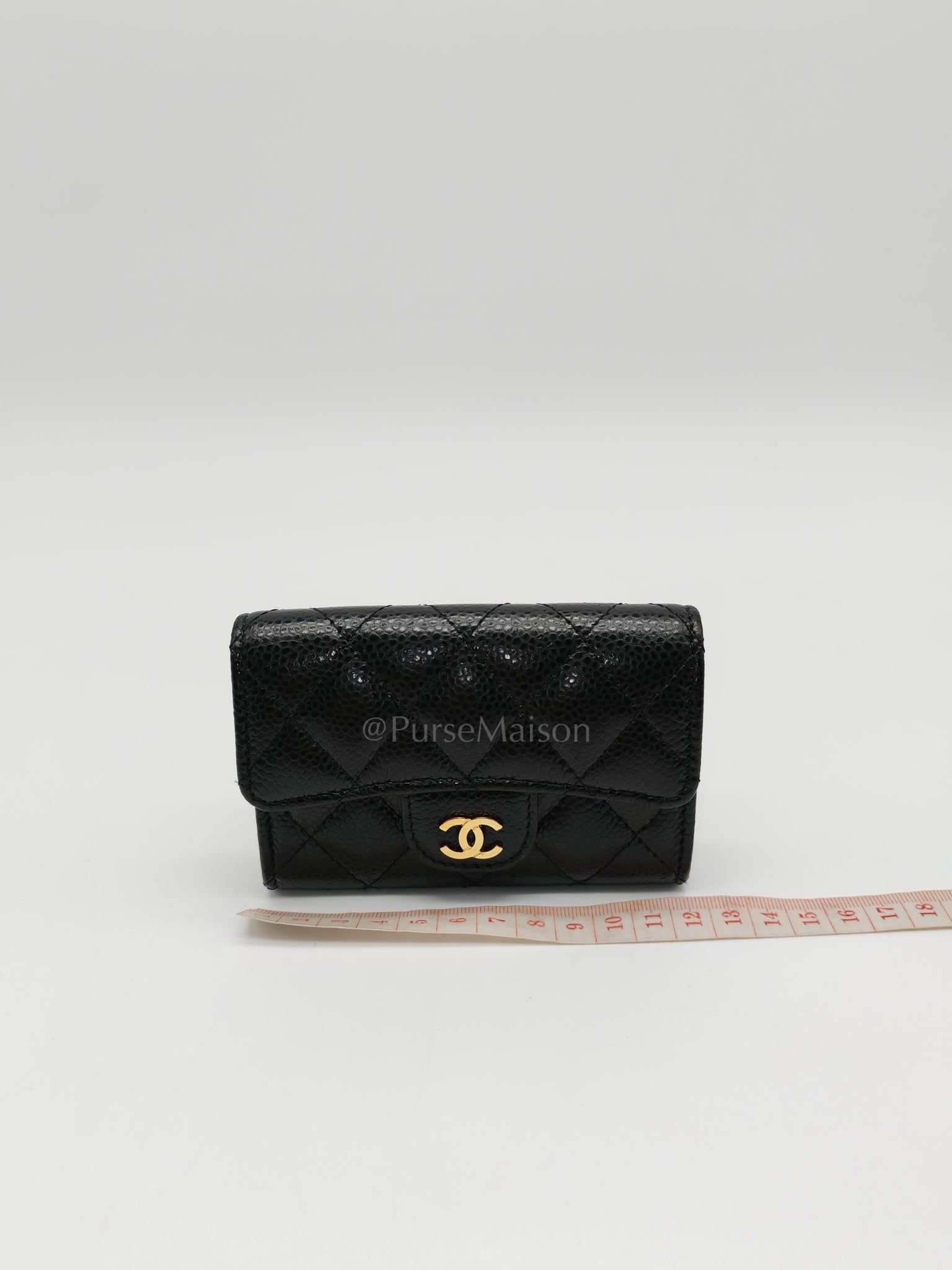 Flap Card Holder in Black Caviar Leather and Gold Hardware Series 27 | Purse Maison Luxury Bags Shop