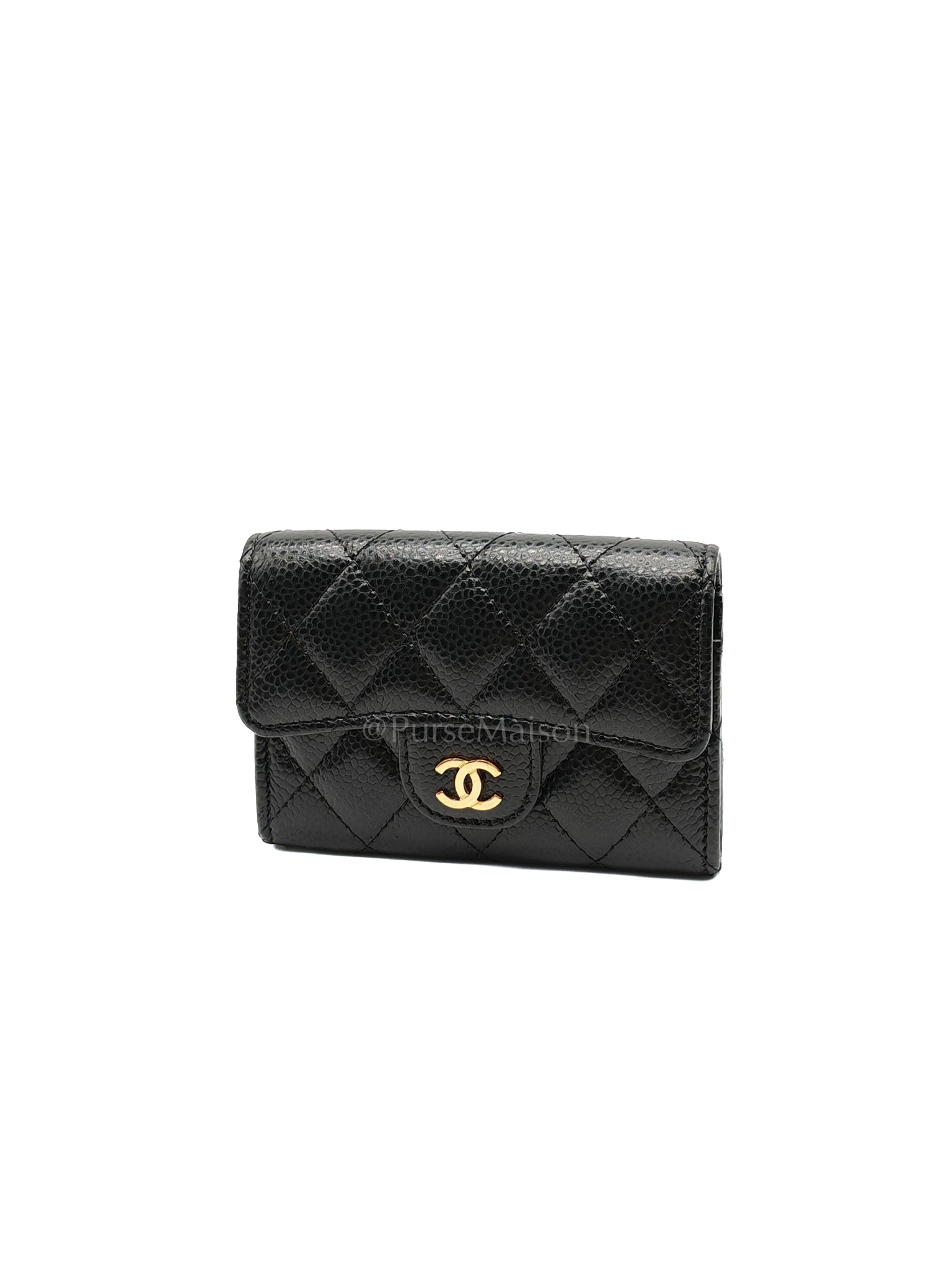 Flap Card Holder in Black Caviar Leather and Gold Hardware Series 27 | Purse Maison Luxury Bags Shop