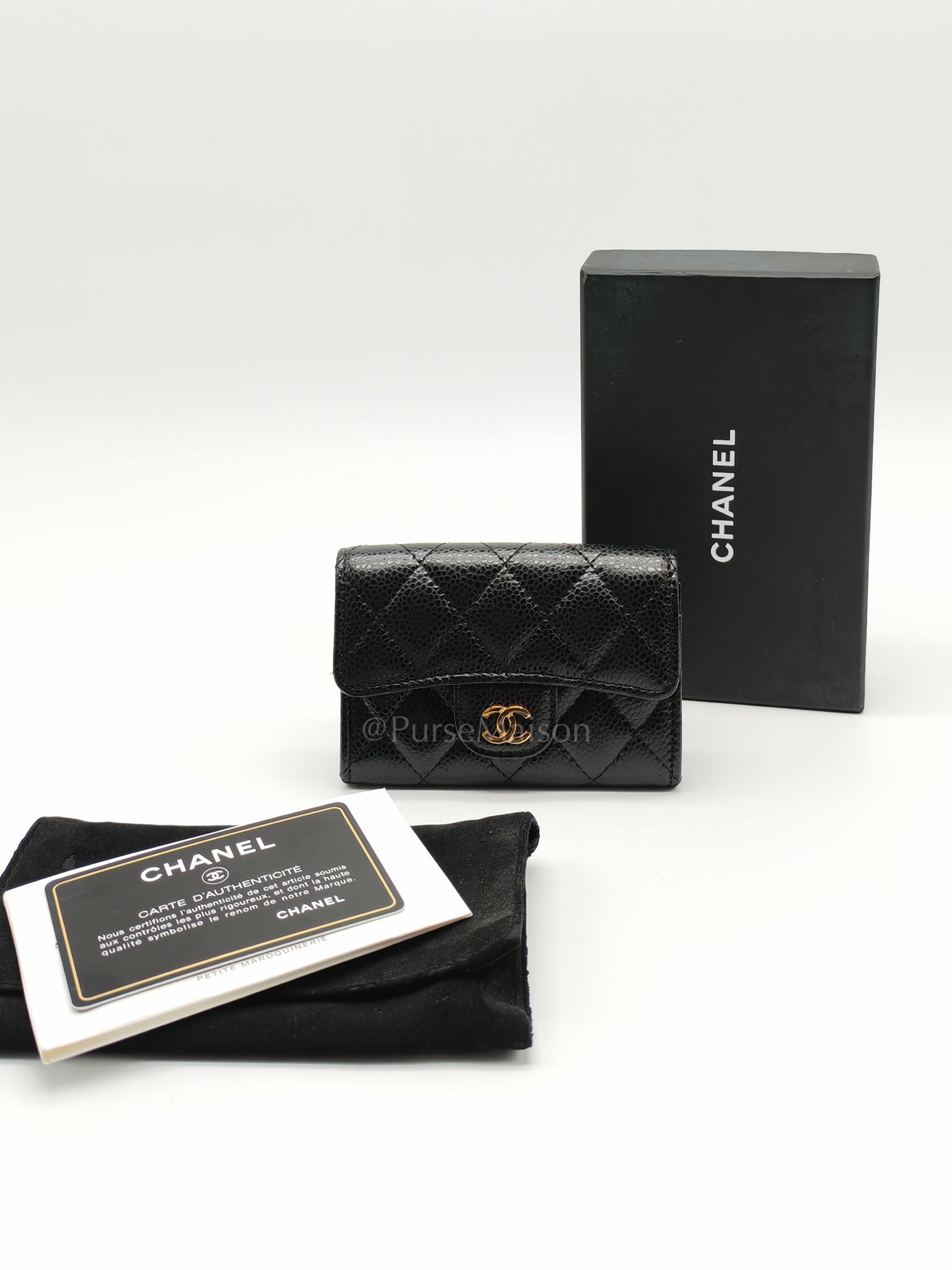 Flap Card Holder in Black Caviar Leather and Gold Hardware Series 27 | Purse Maison Luxury Bags Shop