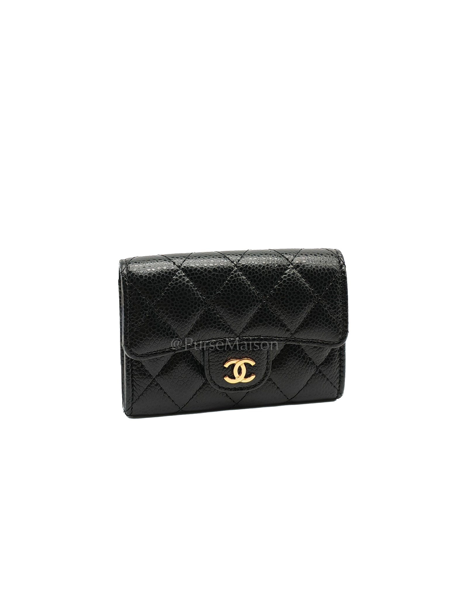 Flap Card Holder in Black Caviar Leather and Gold Hardware Series 27 | Purse Maison Luxury Bags Shop