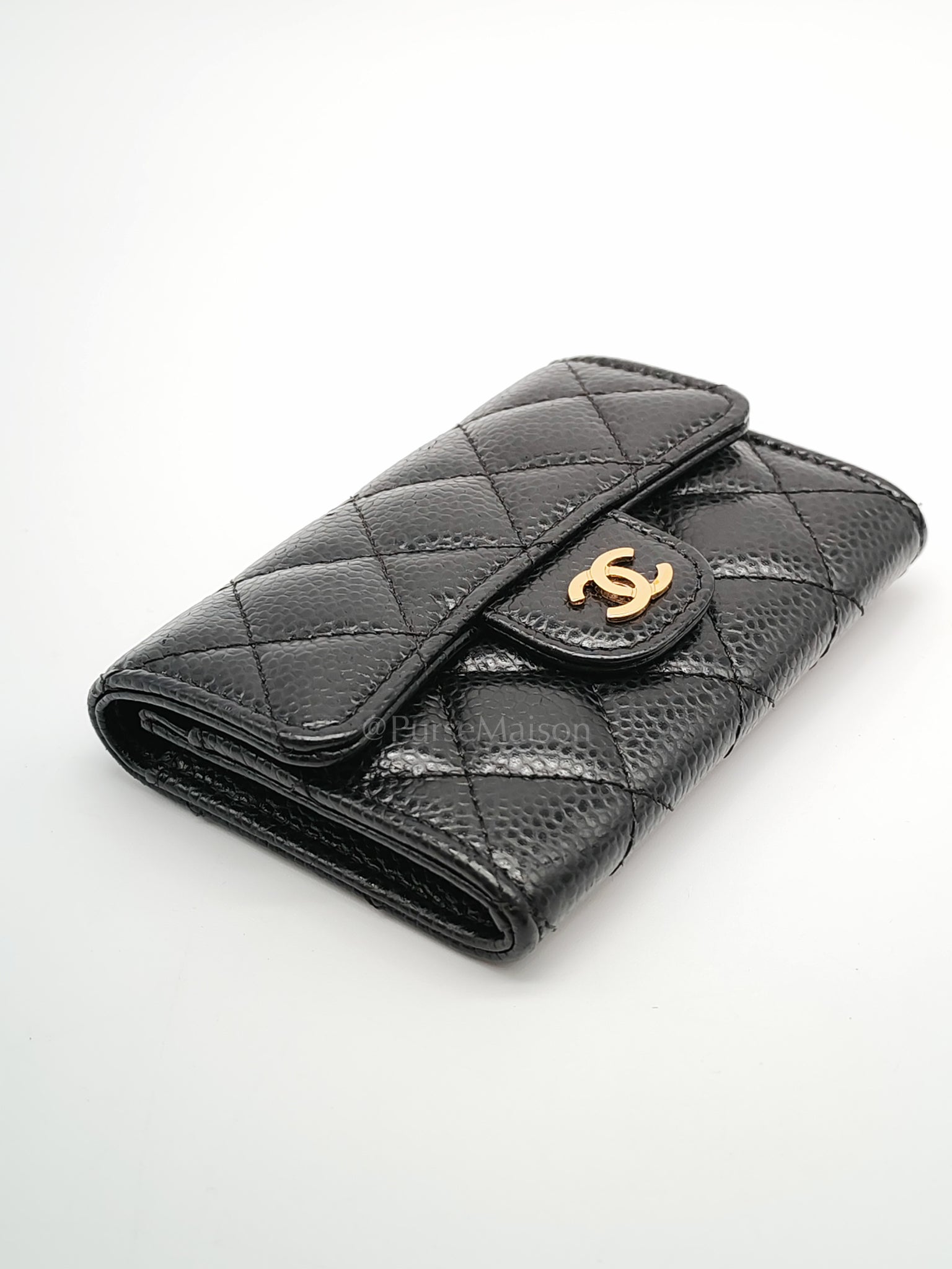 Flap Card Holder in Black Caviar Leather and Gold Hardware Series 27 | Purse Maison Luxury Bags Shop
