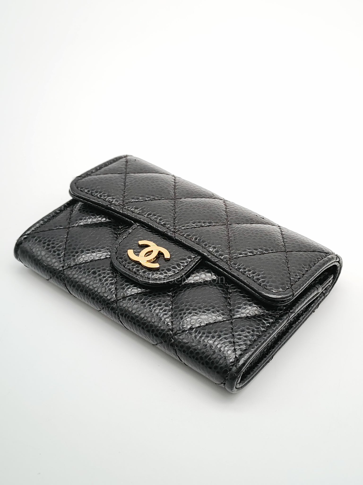 Flap Card Holder in Black Caviar Leather and Gold Hardware Series 27 | Purse Maison Luxury Bags Shop