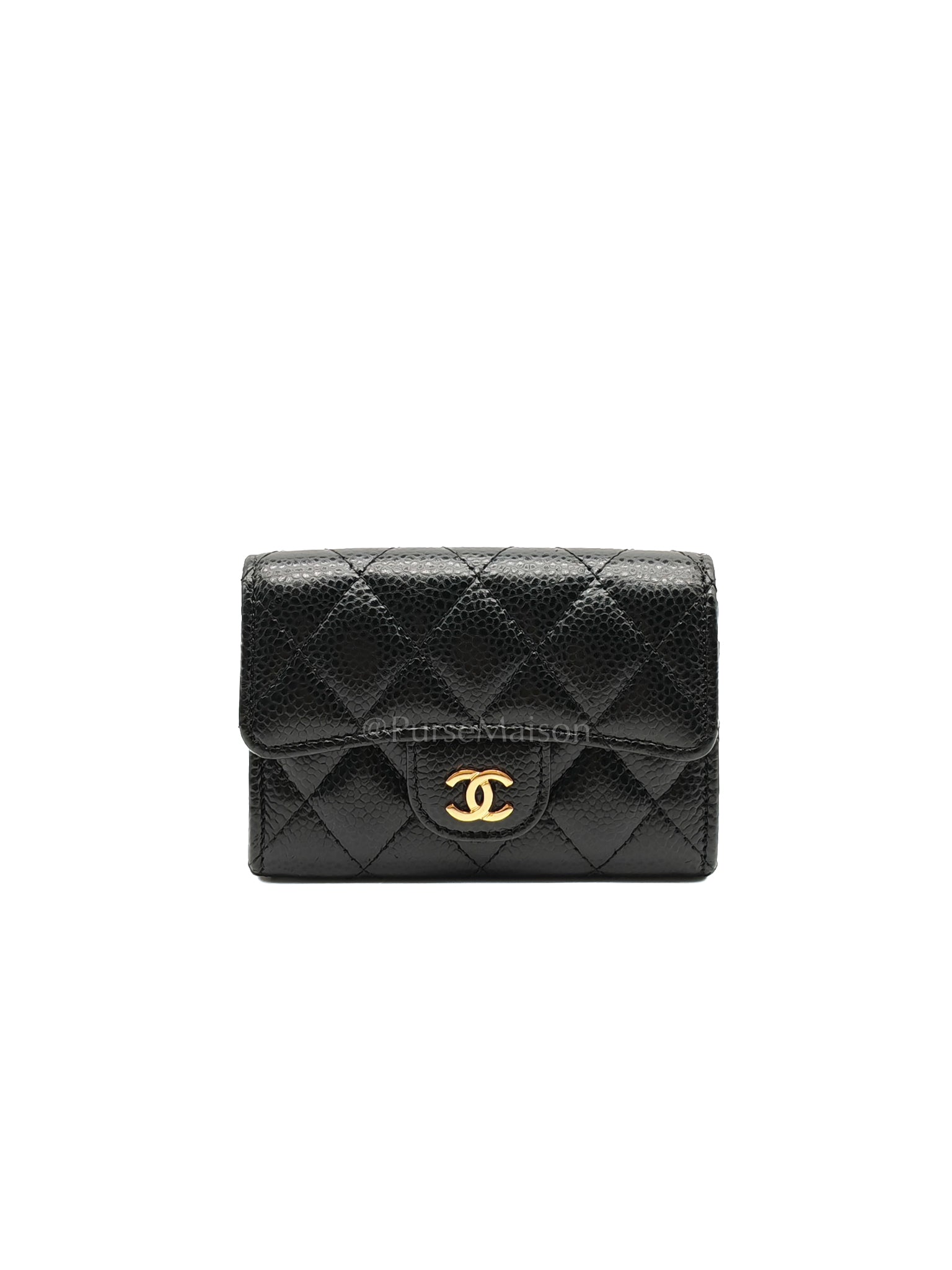Flap Card Holder in Black Caviar Leather and Gold Hardware Series 27 | Purse Maison Luxury Bags Shop