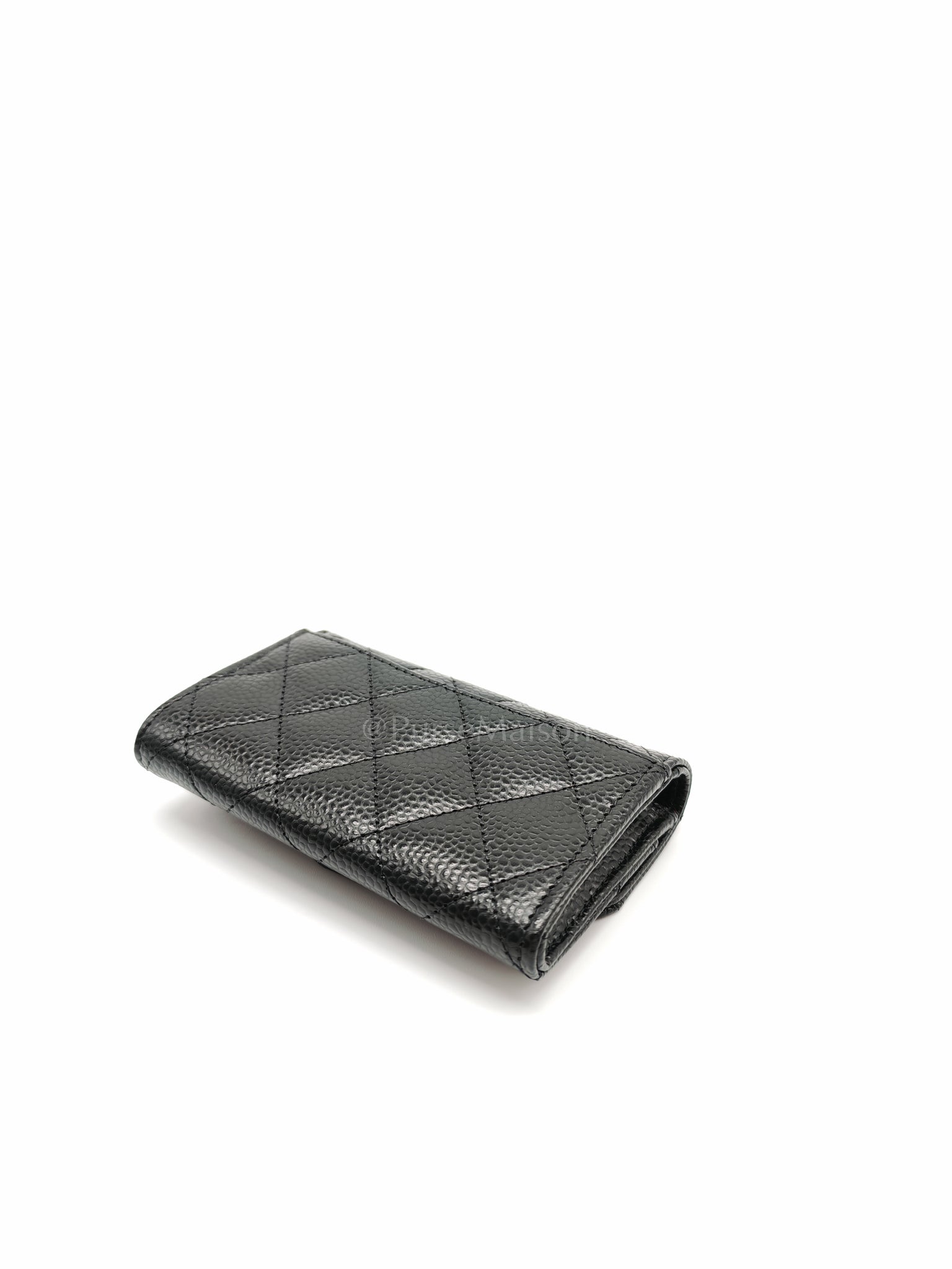 Flap Card Holder in Black Caviar Leather and Light Gold Hardware (Microchip) | Purse Maison Luxury Bags Shop