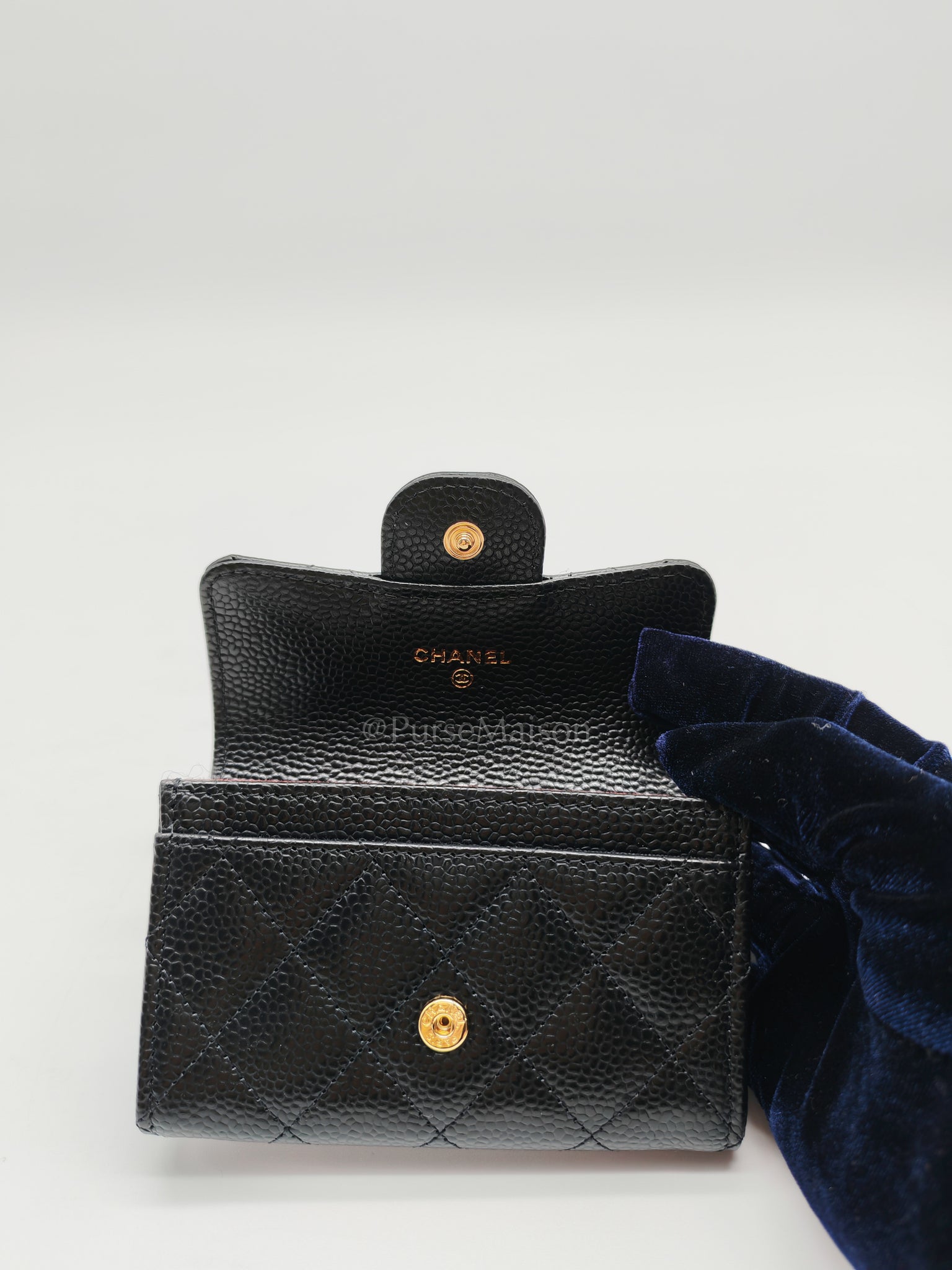 Flap Card Holder in Black Caviar Leather and Light Gold Hardware (Microchip) | Purse Maison Luxury Bags Shop