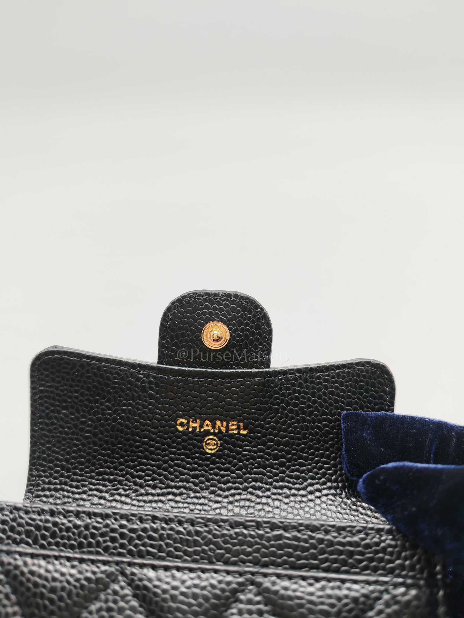 Flap Card Holder in Black Caviar Leather and Light Gold Hardware (Microchip) | Purse Maison Luxury Bags Shop