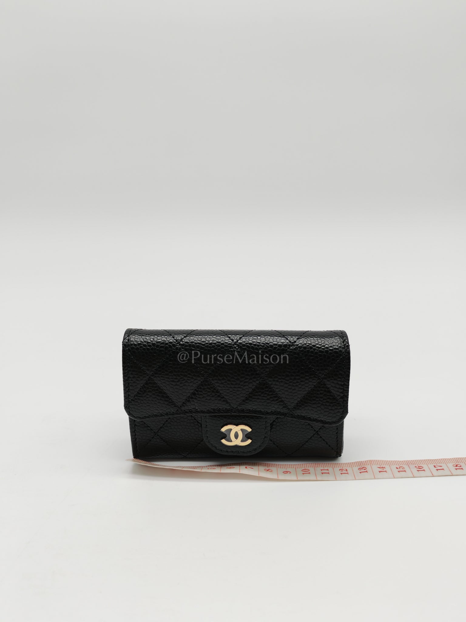 Flap Card Holder in Black Caviar Leather and Light Gold Hardware (Microchip) | Purse Maison Luxury Bags Shop
