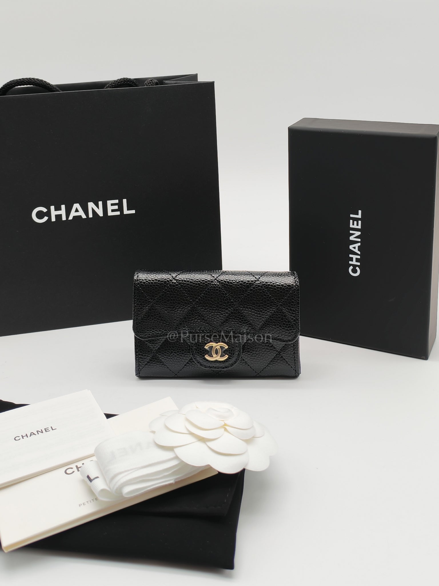 Flap Card Holder in Black Caviar Leather and Light Gold Hardware (Microchip) | Purse Maison Luxury Bags Shop