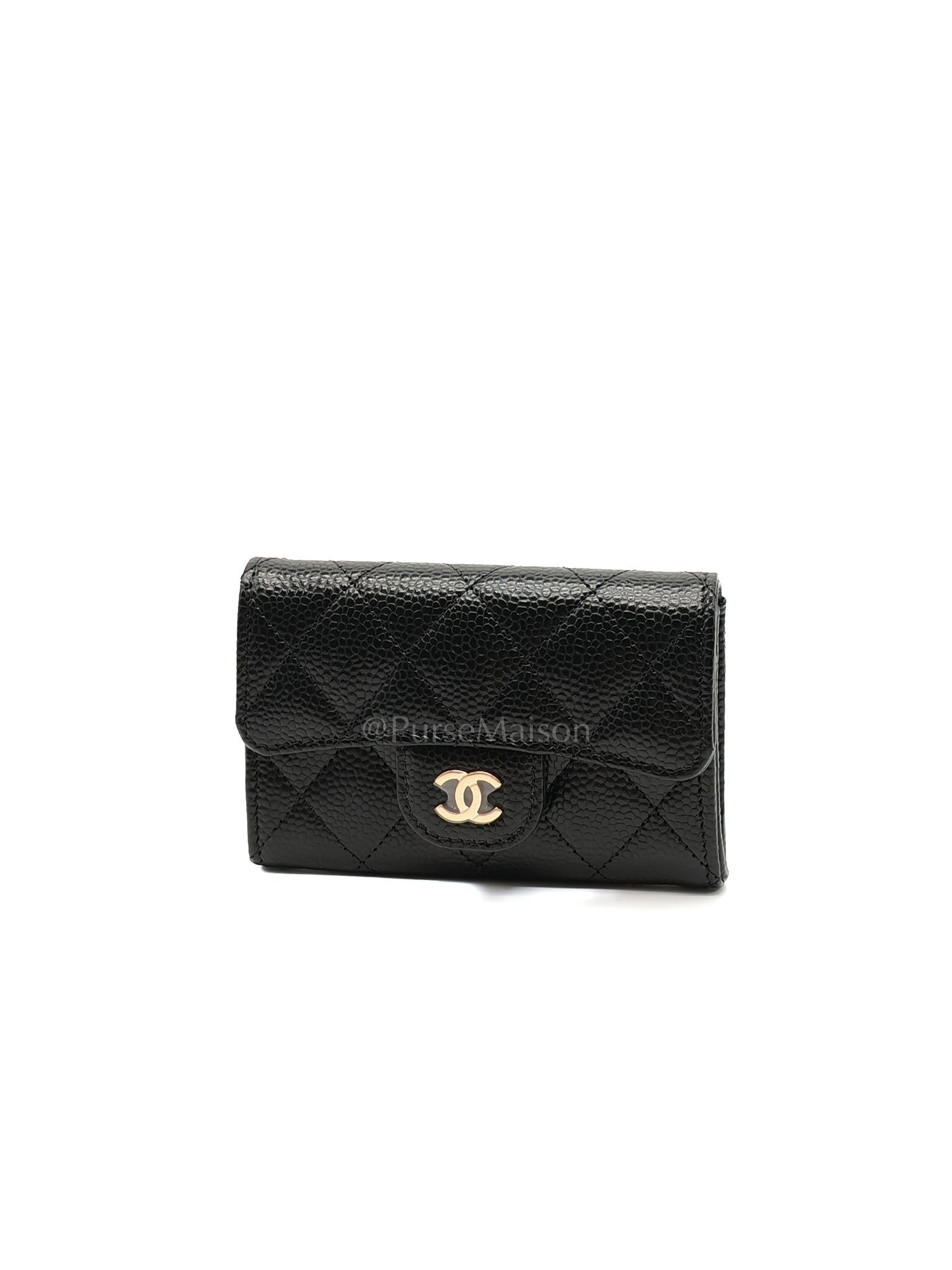 Flap Card Holder in Black Caviar Leather and Light Gold Hardware (Microchip) | Purse Maison Luxury Bags Shop