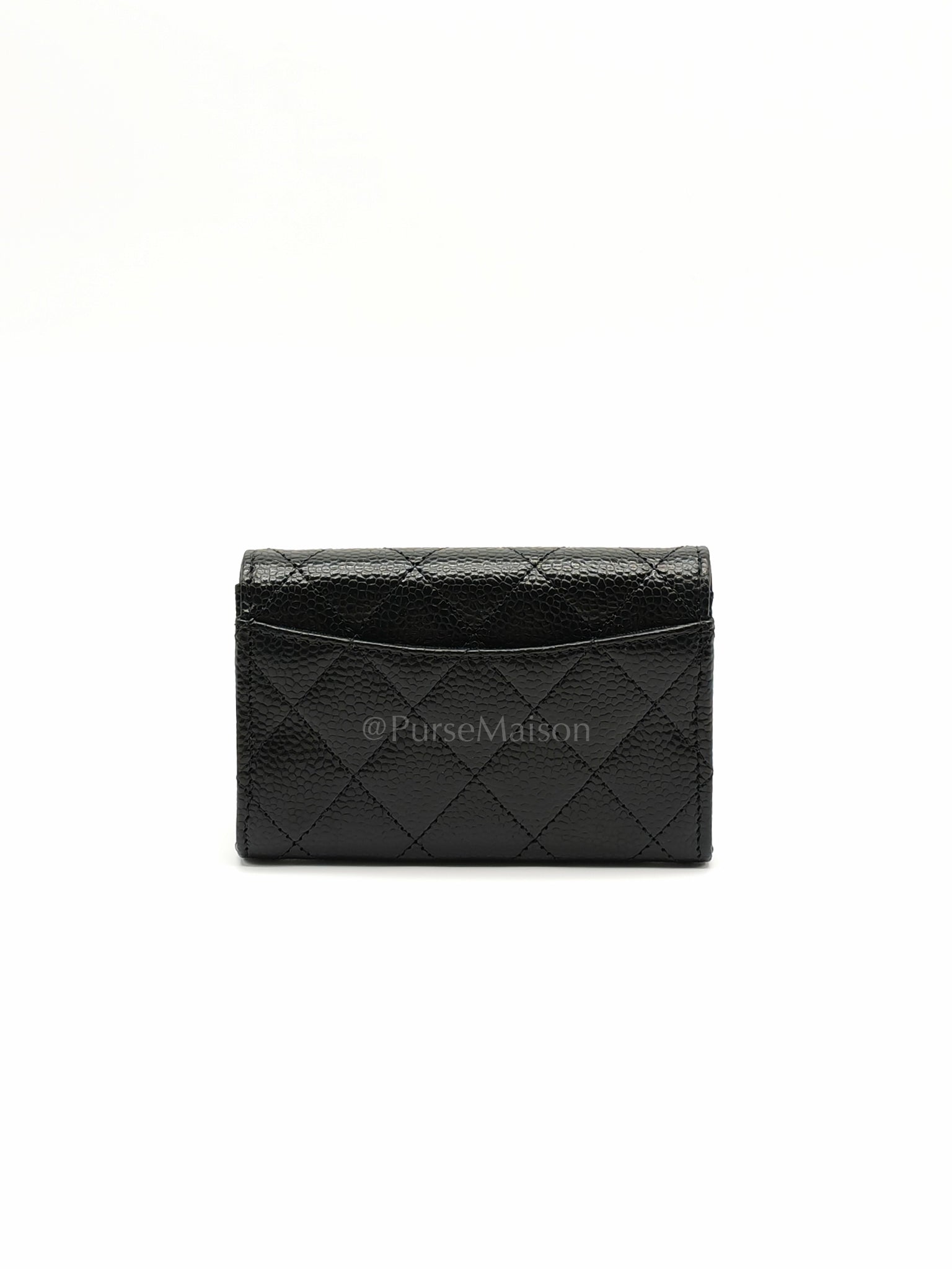 Flap Card Holder in Black Caviar Leather and Light Gold Hardware (Microchip) | Purse Maison Luxury Bags Shop