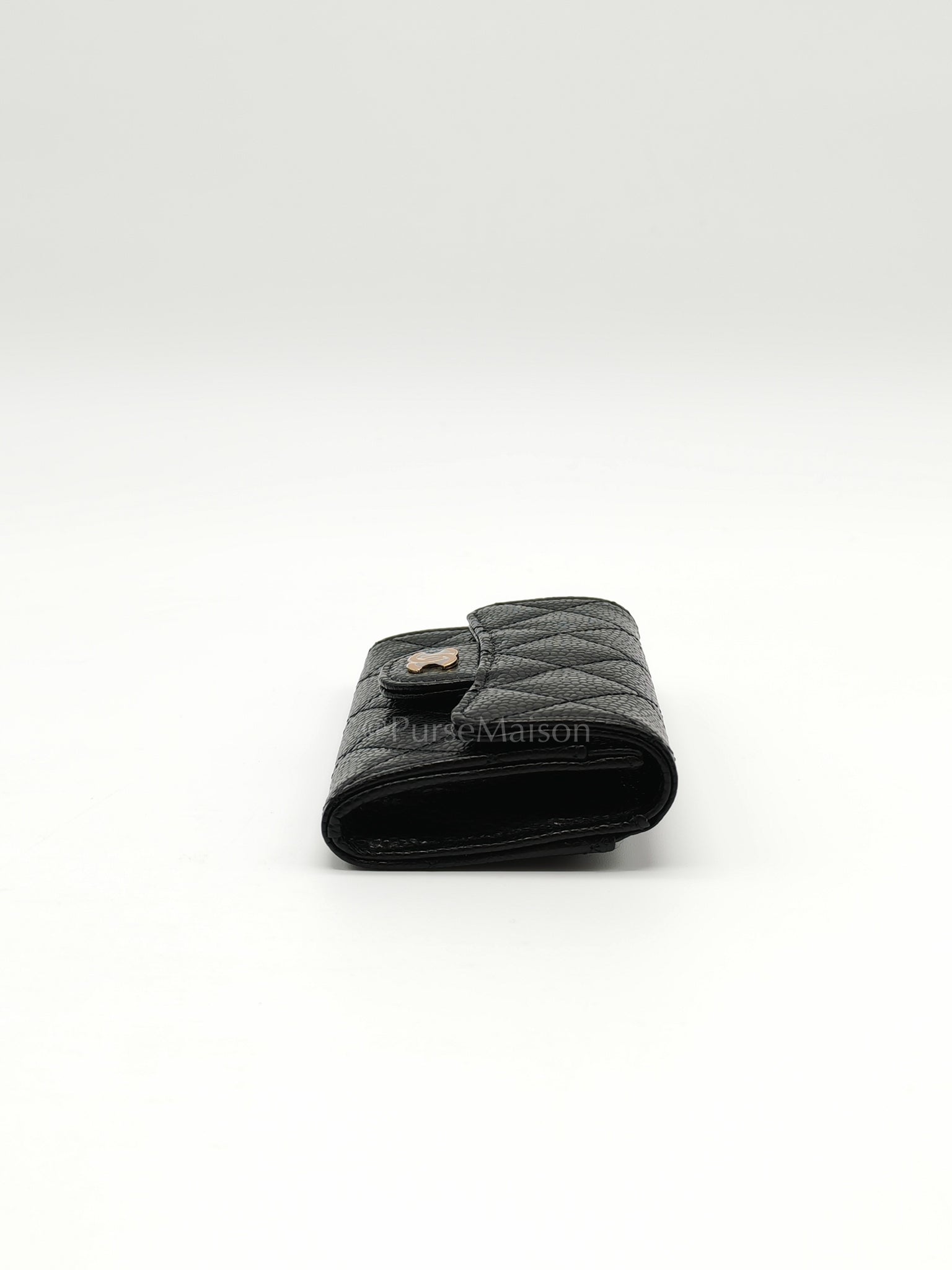 Flap Card Holder in Black Caviar Leather and Light Gold Hardware (Microchip) | Purse Maison Luxury Bags Shop