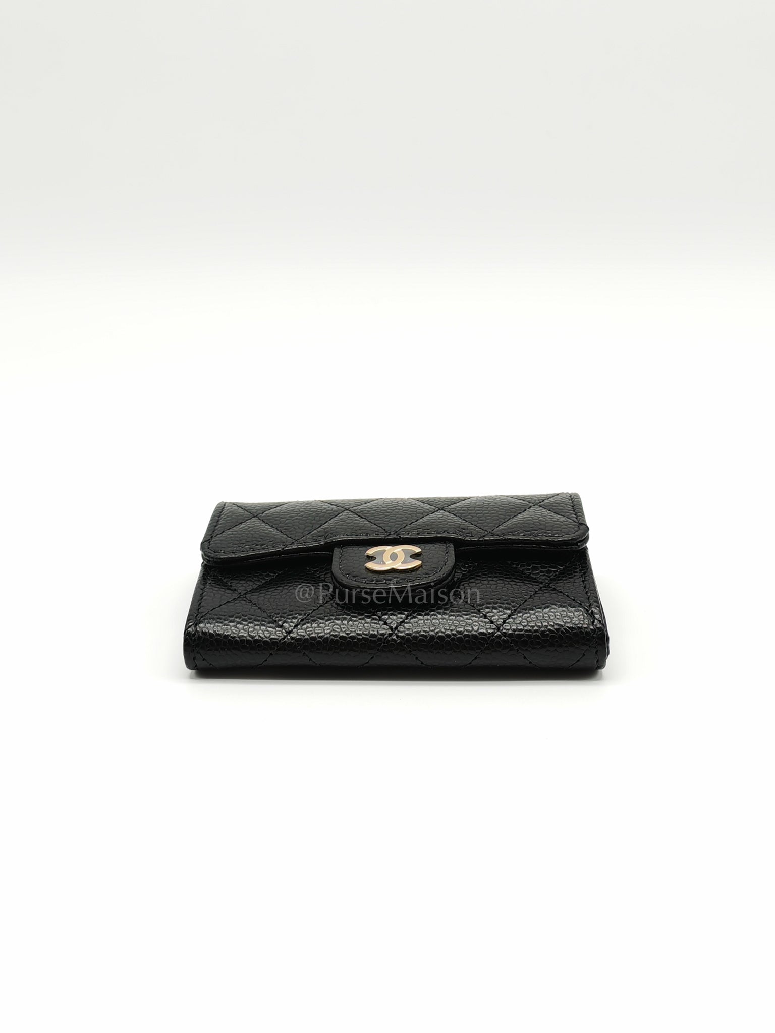 Flap Card Holder in Black Caviar Leather and Light Gold Hardware (Microchip) | Purse Maison Luxury Bags Shop