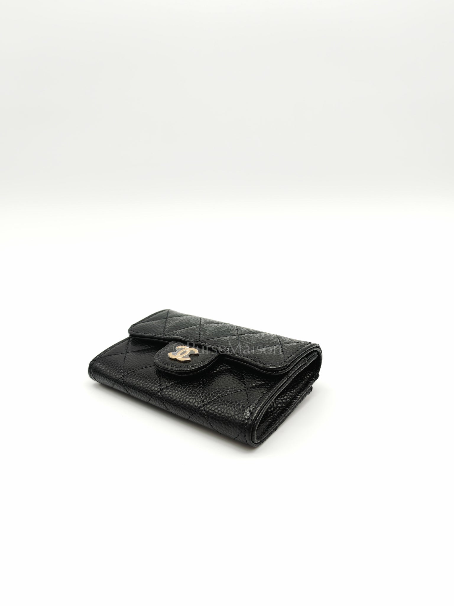 Flap Card Holder in Black Caviar Leather and Light Gold Hardware (Microchip) | Purse Maison Luxury Bags Shop
