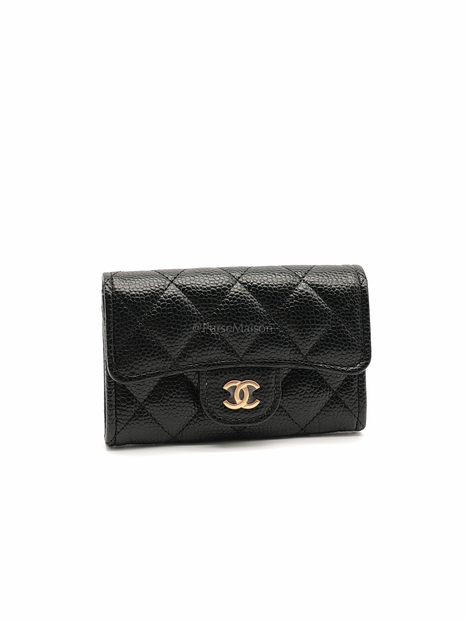 Flap Card Holder in Black Caviar Leather and Light Gold Hardware (Microchip) | Purse Maison Luxury Bags Shop