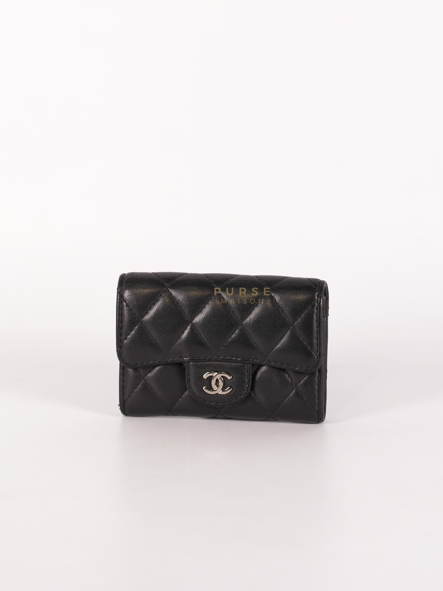 Flap Card Holder in Black Lambskin Leather and Silver Hardware Series 22 | Purse Maison Luxury Bags Shop