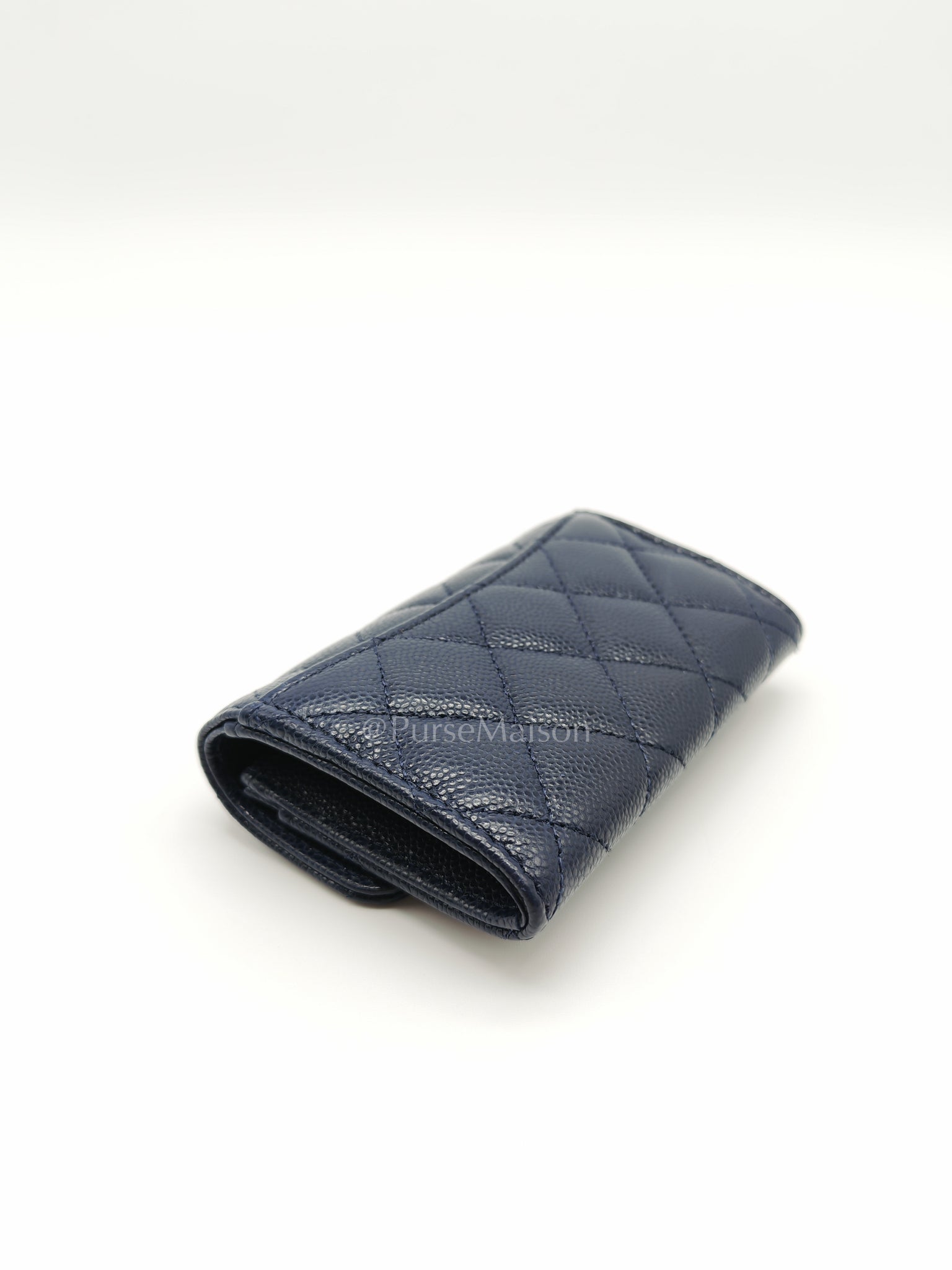 Flap Card Holder in Navy Blue Caviar Leather and Gold Hardware (Microchip) | Purse Maison Luxury Bags Shop