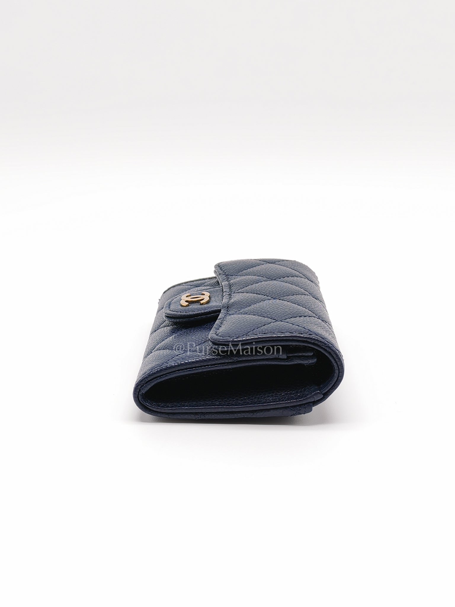 Flap Card Holder in Navy Blue Caviar Leather and Gold Hardware (Microchip) | Purse Maison Luxury Bags Shop