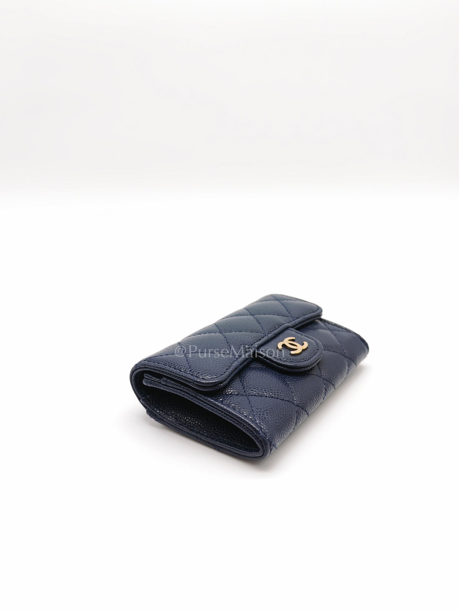 Flap Card Holder in Navy Blue Caviar Leather and Gold Hardware (Microchip) | Purse Maison Luxury Bags Shop