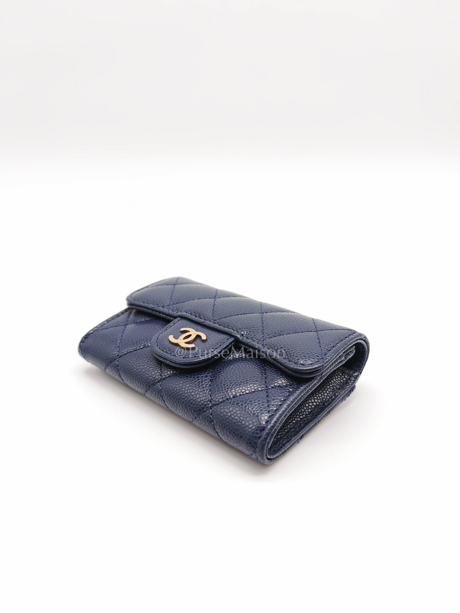 Flap Card Holder in Navy Blue Caviar Leather and Gold Hardware (Microchip) | Purse Maison Luxury Bags Shop