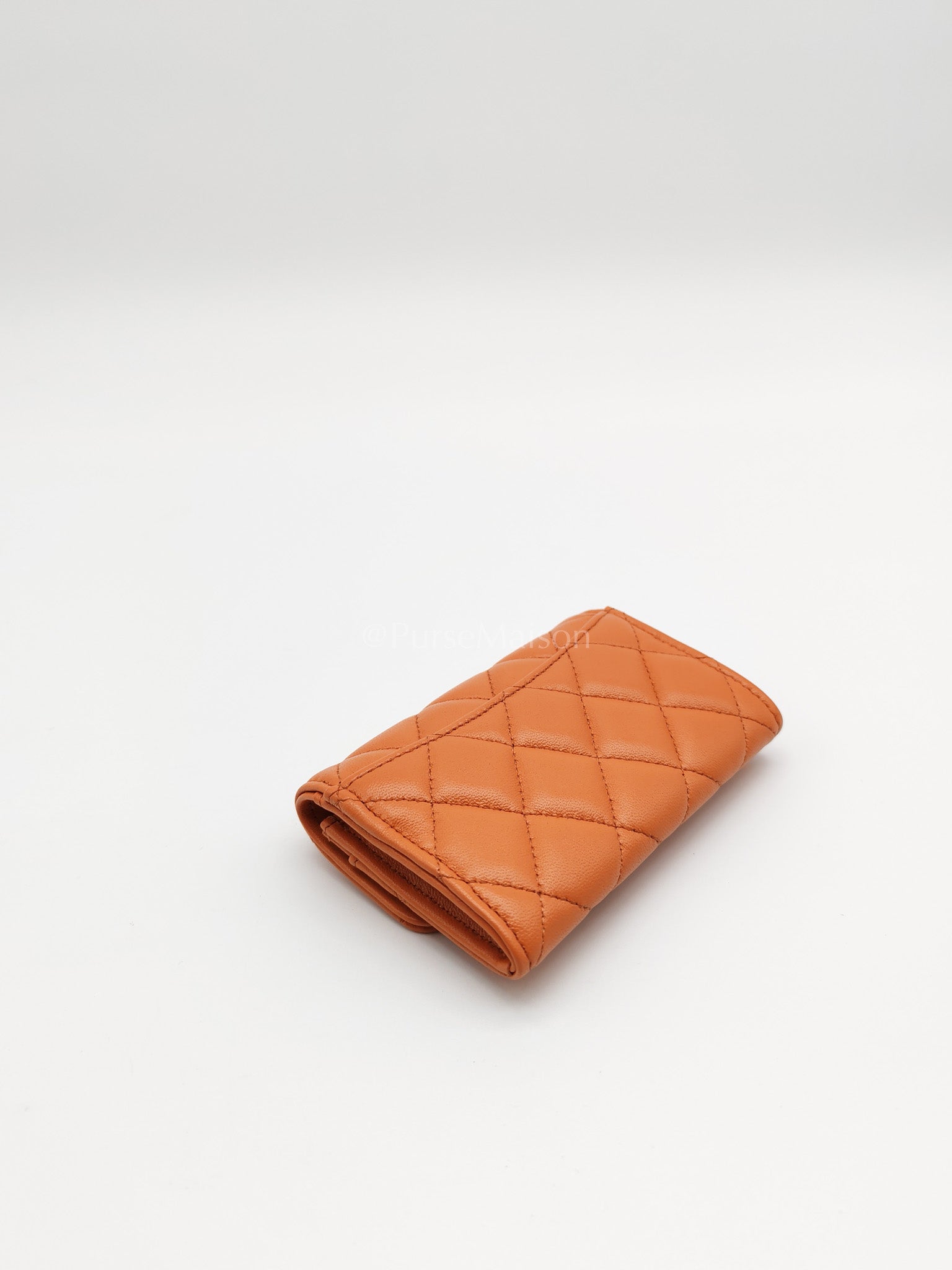 Flap Card Holder in Orange Quilted Lambskin Leather and Light Gold Hardware (Microchip) | Purse Maison Luxury Bags Shop