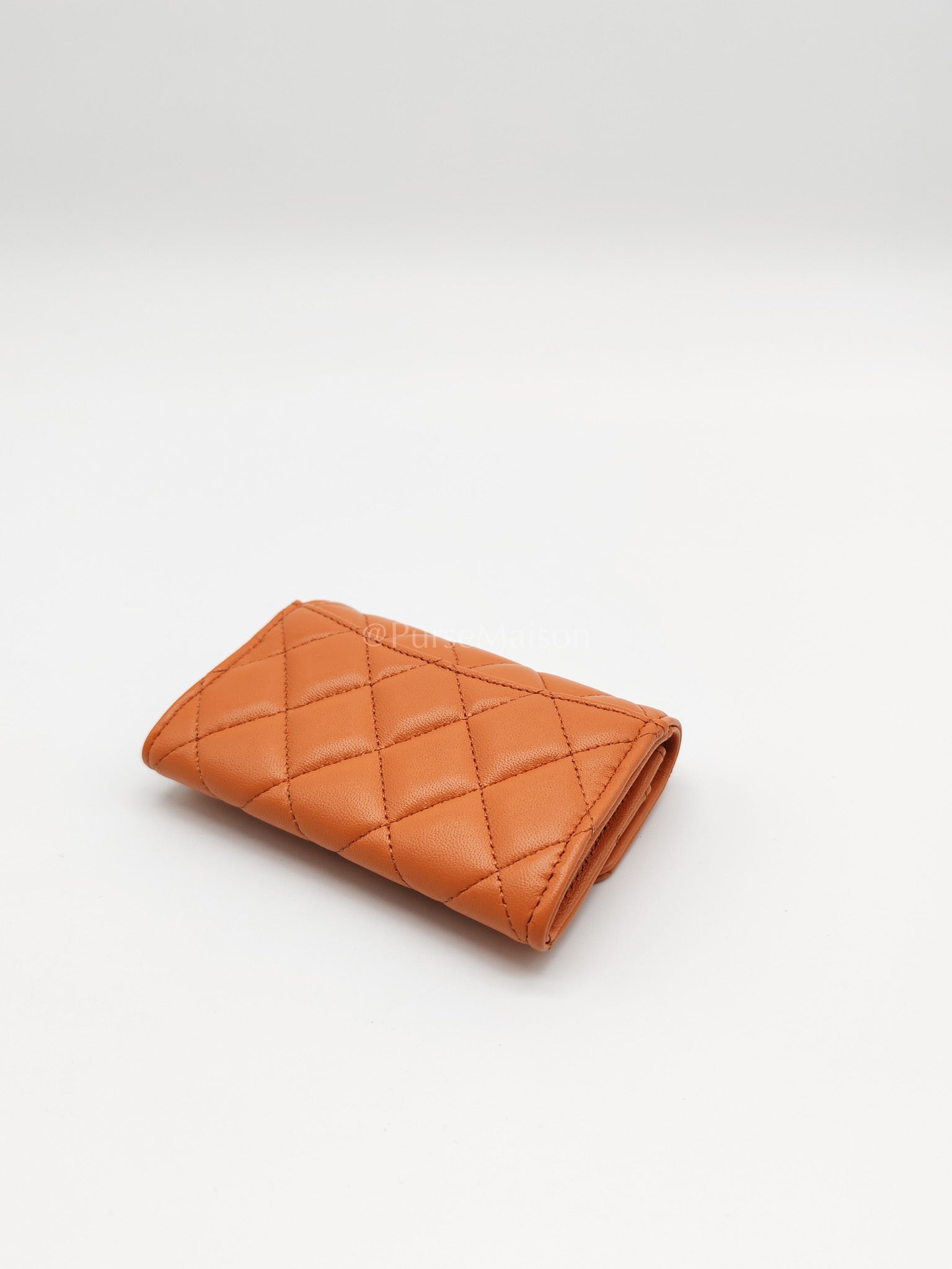 Flap Card Holder in Orange Quilted Lambskin Leather and Light Gold Hardware (Microchip) | Purse Maison Luxury Bags Shop