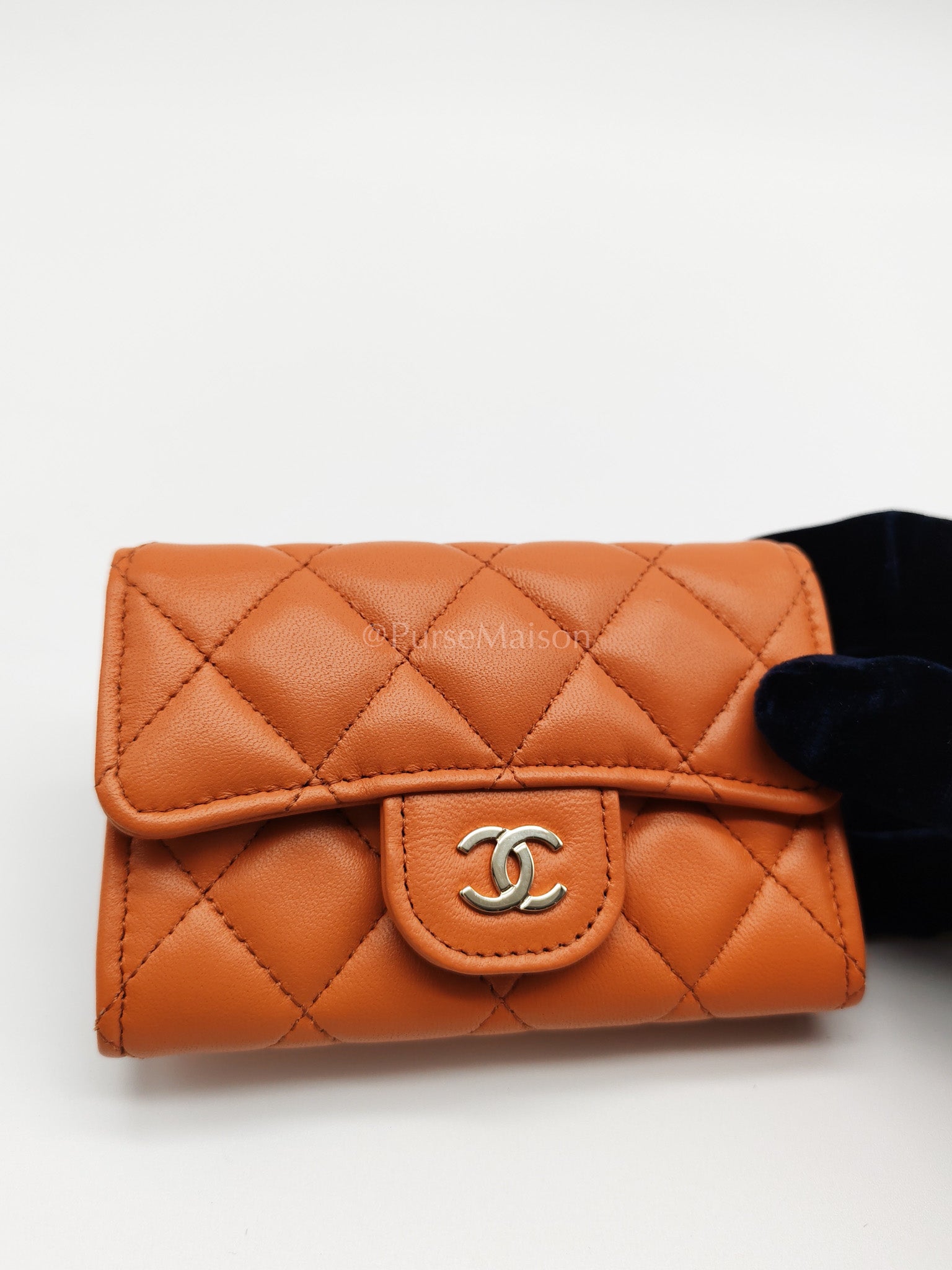 Flap Card Holder in Orange Quilted Lambskin Leather and Light Gold Hardware (Microchip) | Purse Maison Luxury Bags Shop