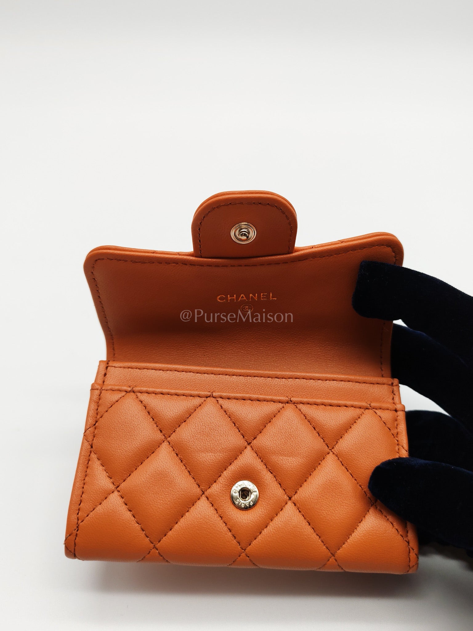 Flap Card Holder in Orange Quilted Lambskin Leather and Light Gold Hardware (Microchip) | Purse Maison Luxury Bags Shop