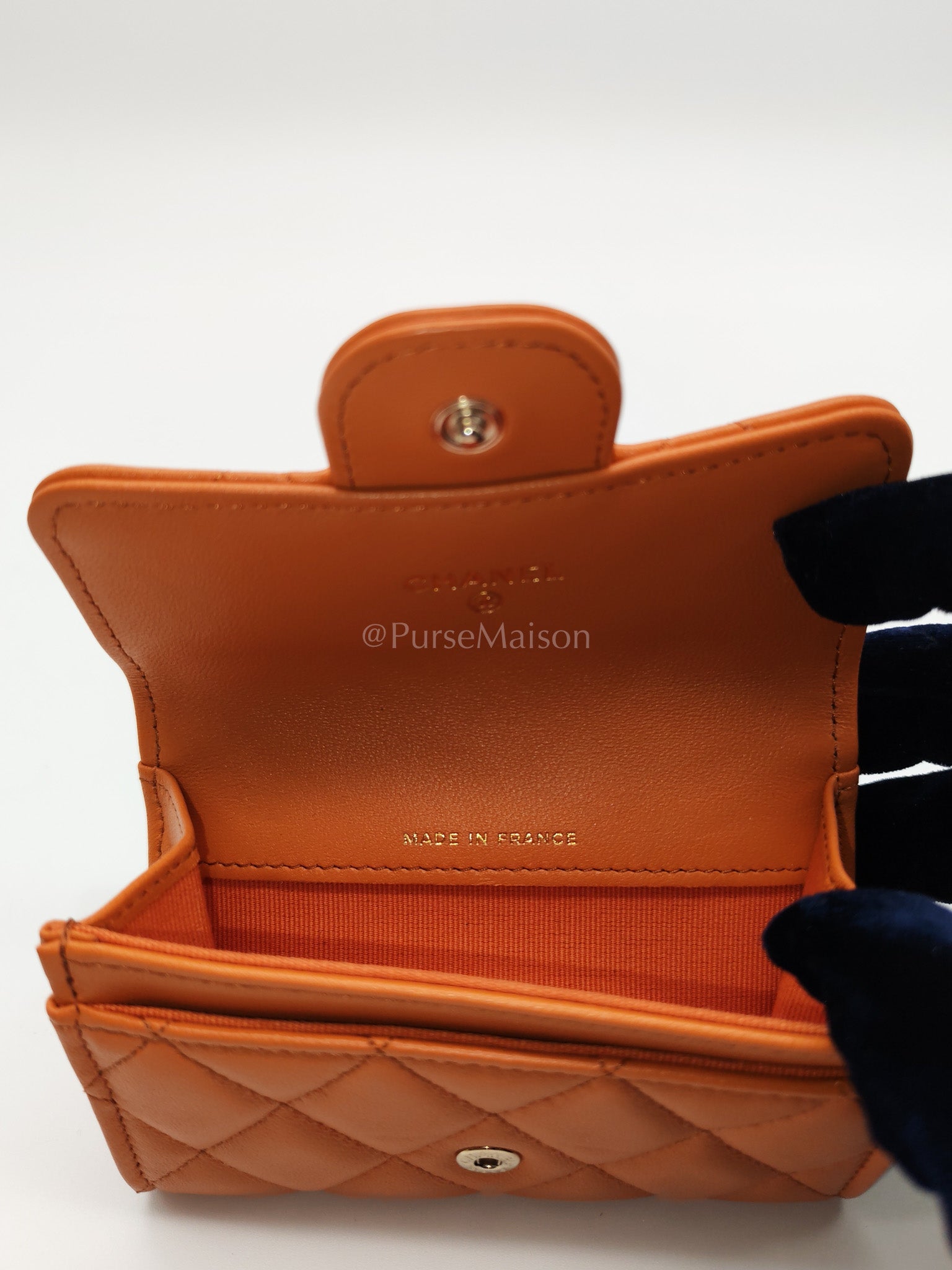 Flap Card Holder in Orange Quilted Lambskin Leather and Light Gold Hardware (Microchip) | Purse Maison Luxury Bags Shop