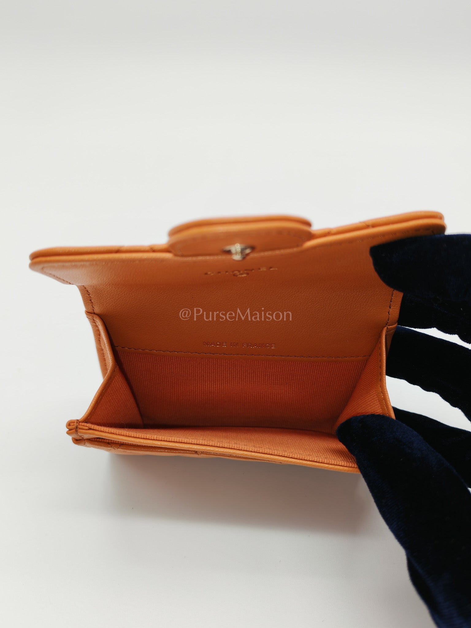 Flap Card Holder in Orange Quilted Lambskin Leather and Light Gold Hardware (Microchip) | Purse Maison Luxury Bags Shop