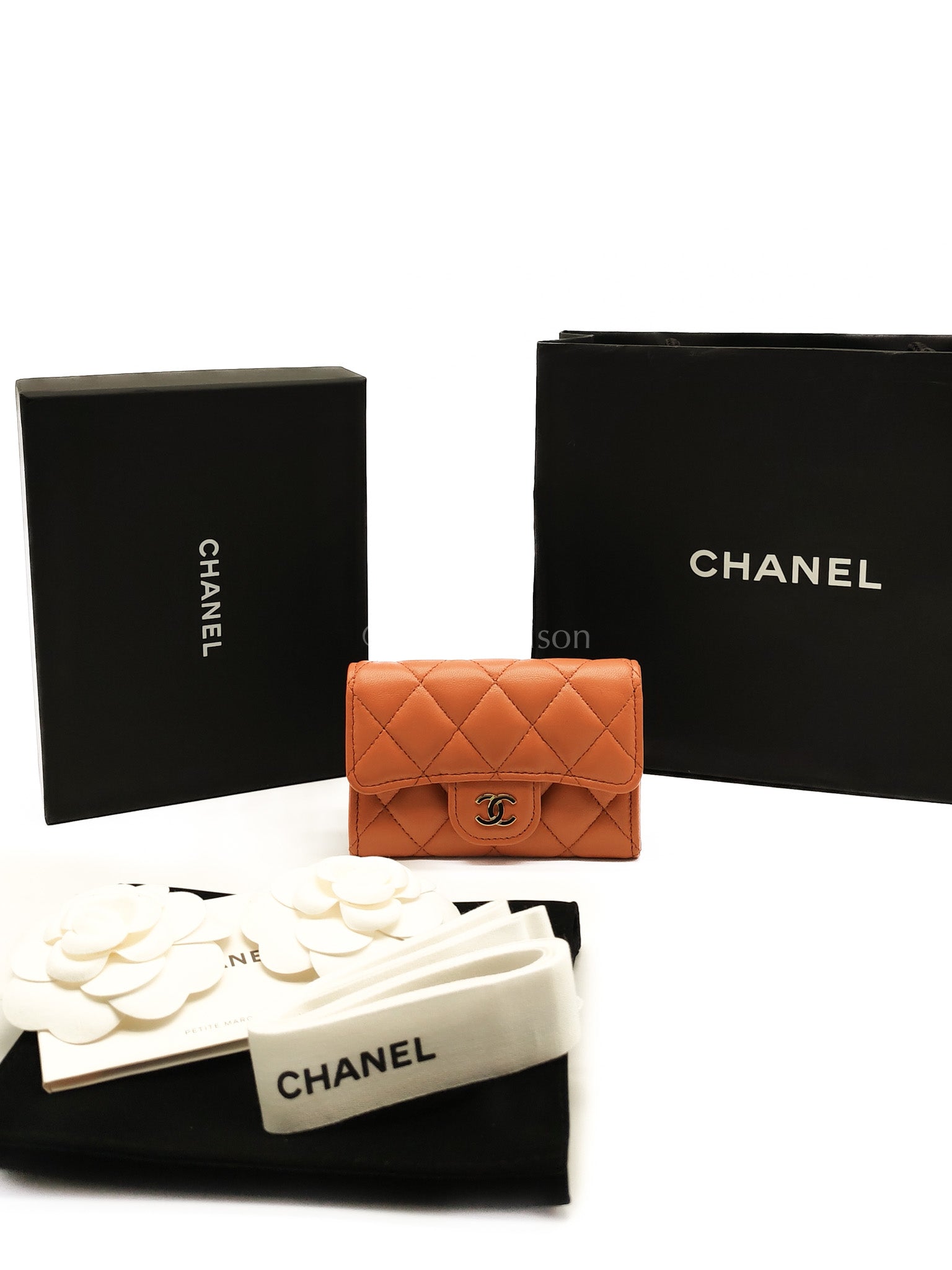 Flap Card Holder in Orange Quilted Lambskin Leather and Light Gold Hardware (Microchip) | Purse Maison Luxury Bags Shop