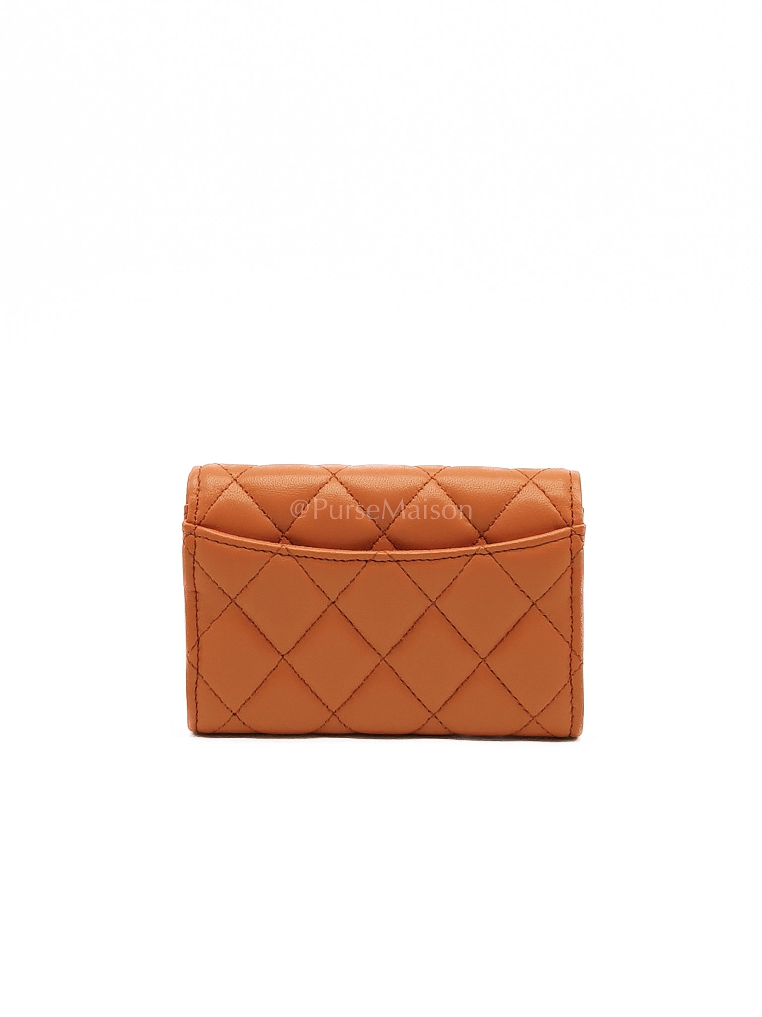Flap Card Holder in Orange Quilted Lambskin Leather and Light Gold Hardware (Microchip) | Purse Maison Luxury Bags Shop
