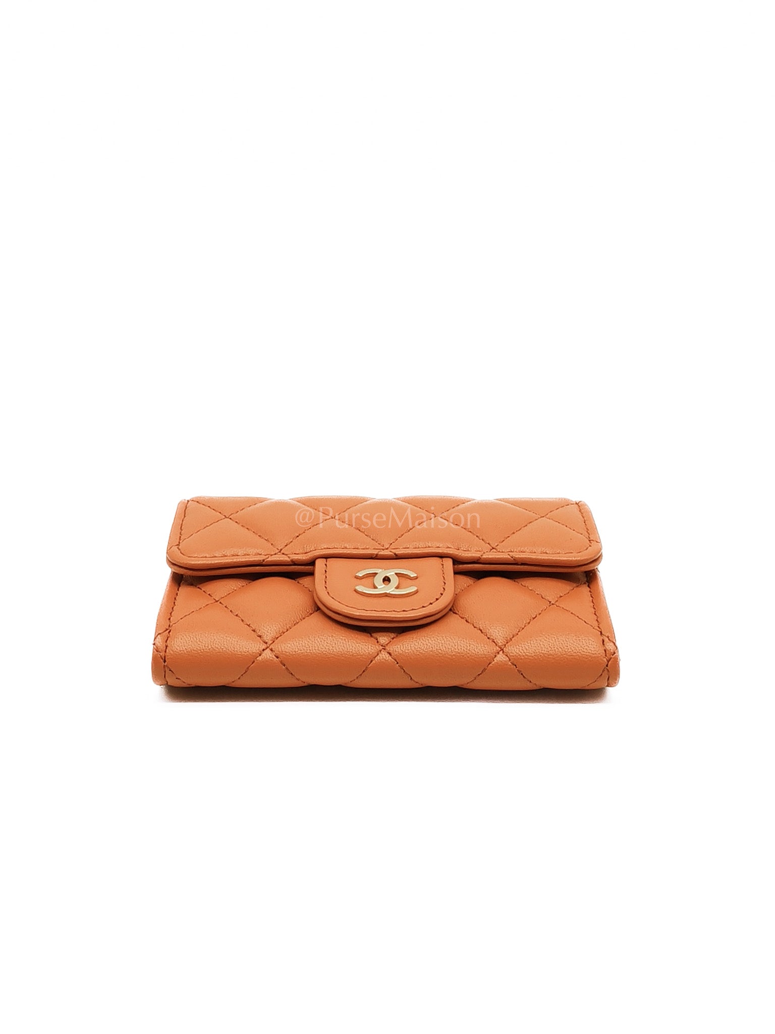 Flap Card Holder in Orange Quilted Lambskin Leather and Light Gold Hardware (Microchip) | Purse Maison Luxury Bags Shop