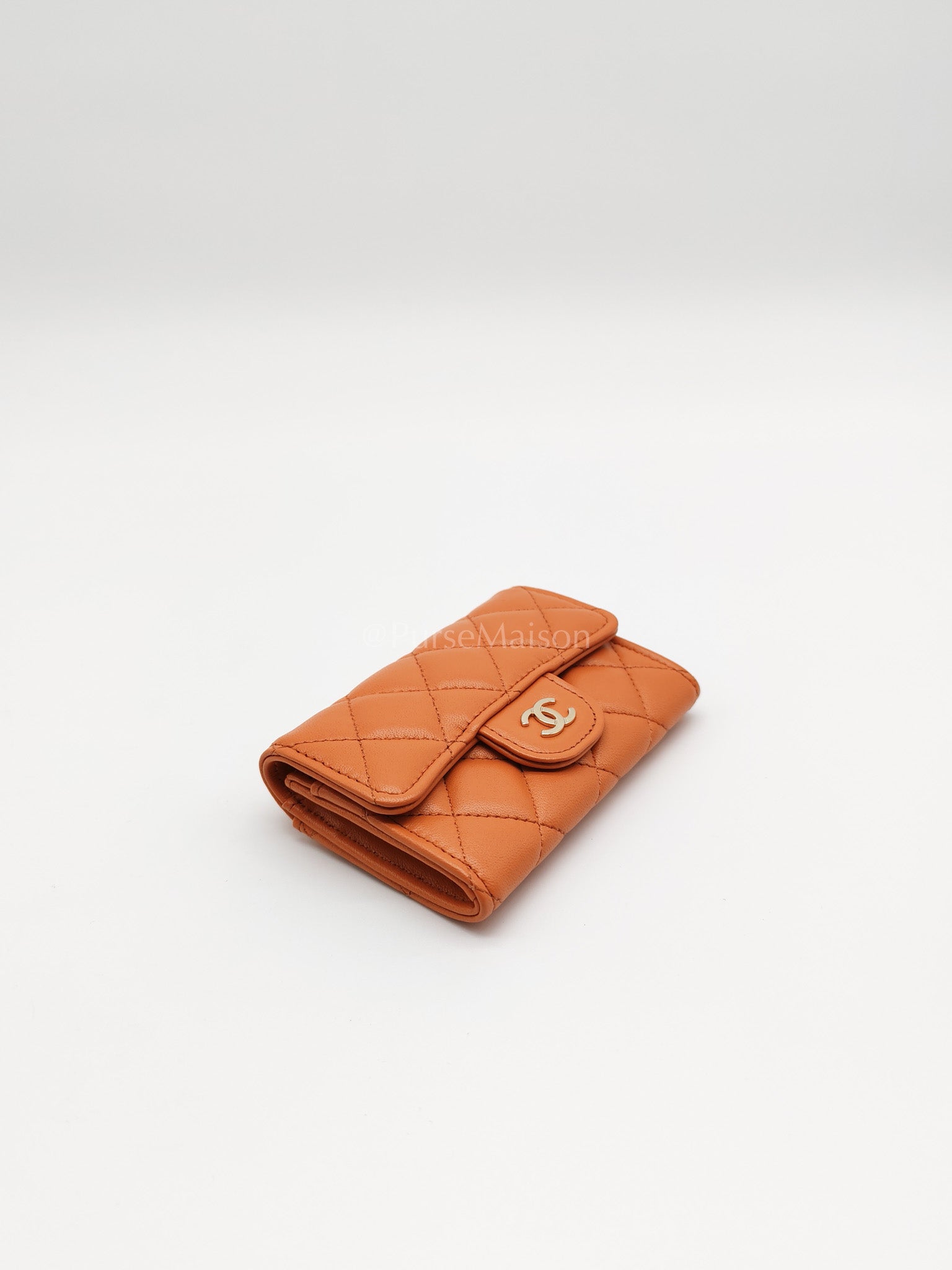 Flap Card Holder in Orange Quilted Lambskin Leather and Light Gold Hardware (Microchip) | Purse Maison Luxury Bags Shop