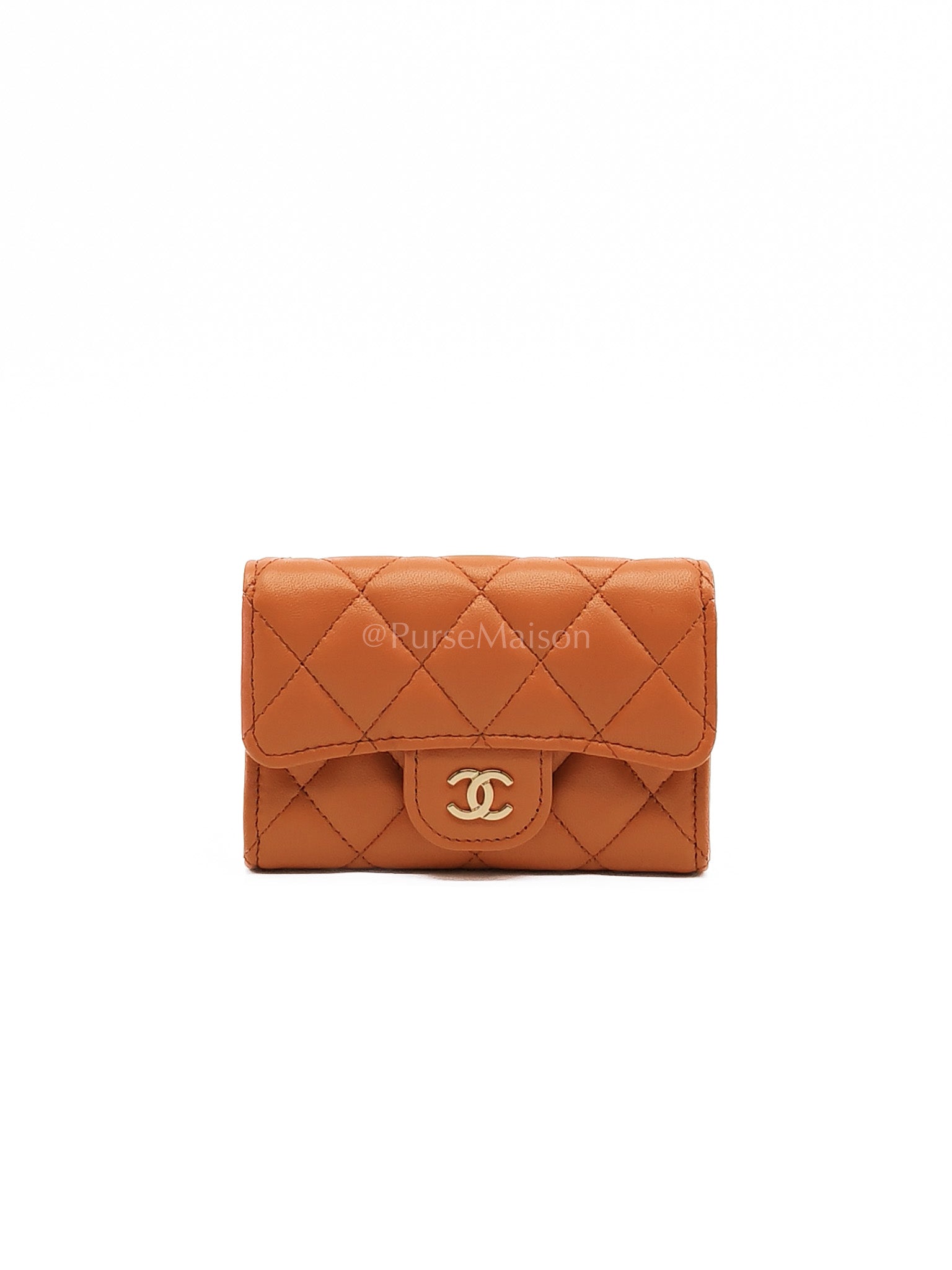 Flap Card Holder in Orange Quilted Lambskin Leather and Light Gold Hardware (Microchip) | Purse Maison Luxury Bags Shop