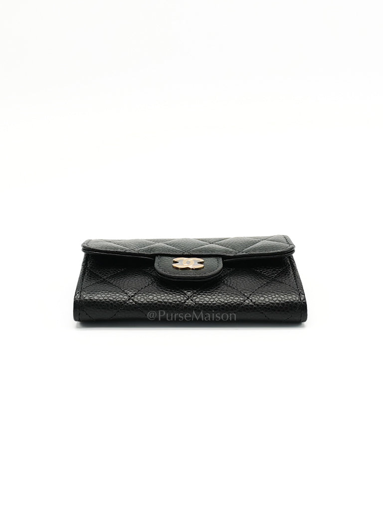 Flap Card Holder in Quilted Caviar Leather and Light Gold Hardware (Microchip) | Purse Maison Luxury Bags Shop