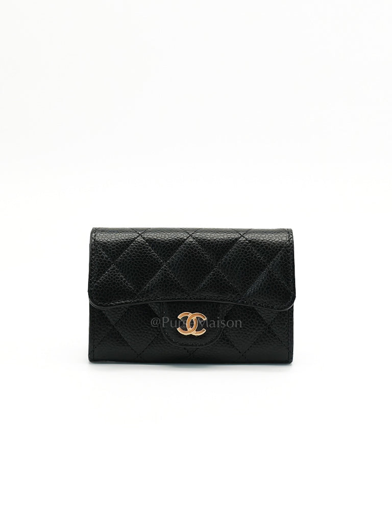 Flap Card Holder in Quilted Caviar Leather and Light Gold Hardware (Microchip) | Purse Maison Luxury Bags Shop