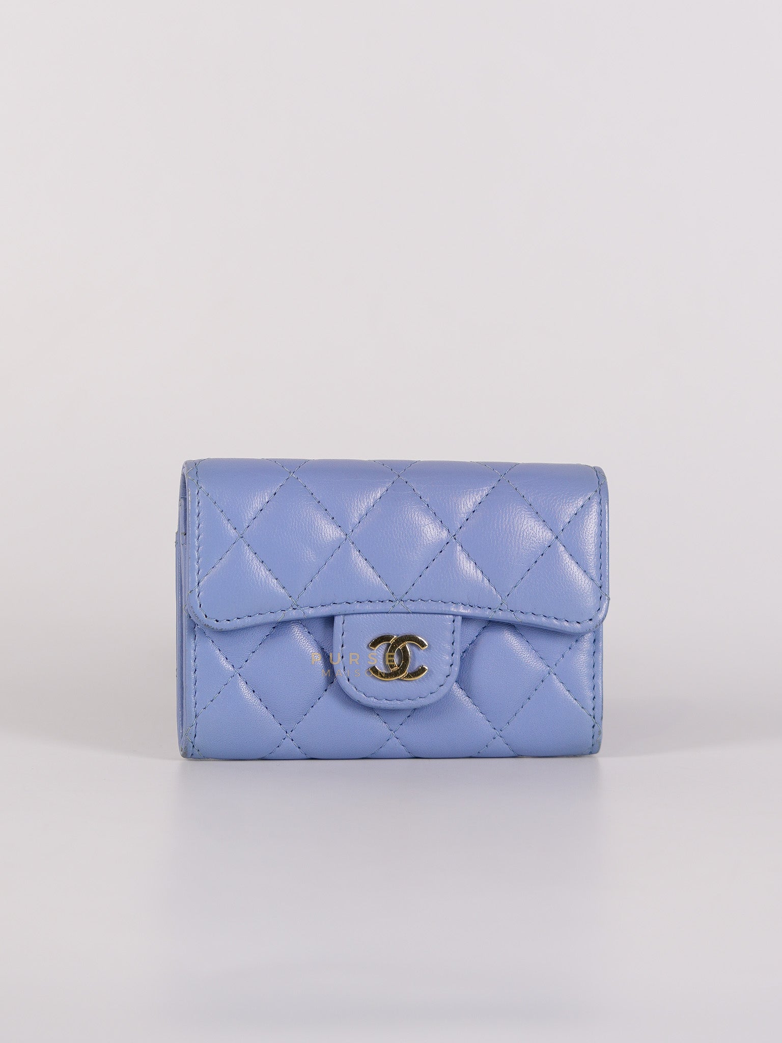 Flap Card Holder Wallet in Light Blue Quilted Lambskin Leather Gold Hardware Series 30 | Purse Maison Luxury Bags Shop