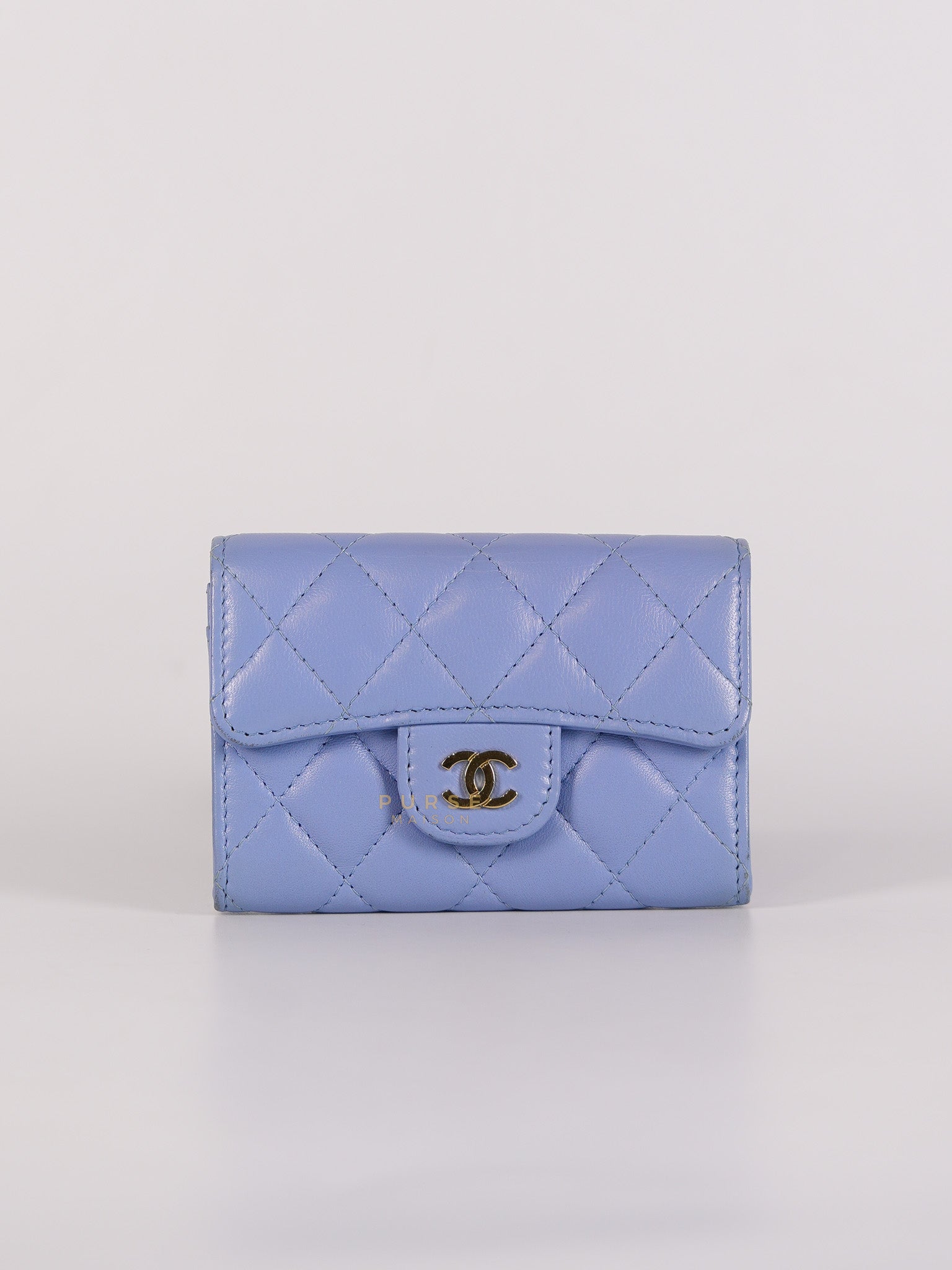 Flap Card Holder Wallet in Light Blue Quilted Lambskin Leather Gold Hardware Series 30 | Purse Maison Luxury Bags Shop