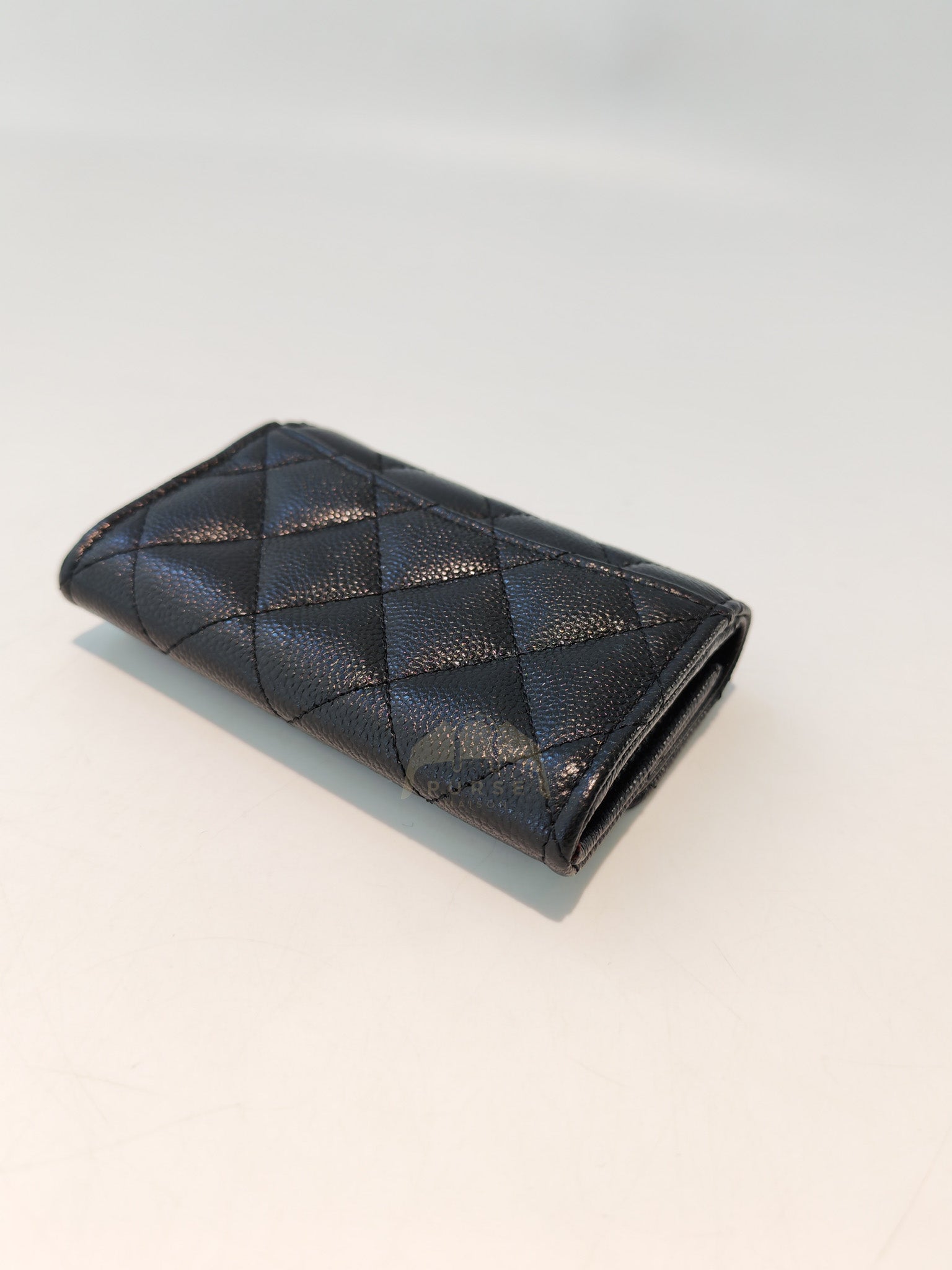 Flap Card Holder with Zipper in Black Caviar Leather and Light Gold Hardware (TG***7K) | Purse Maison Luxury Bags Shop