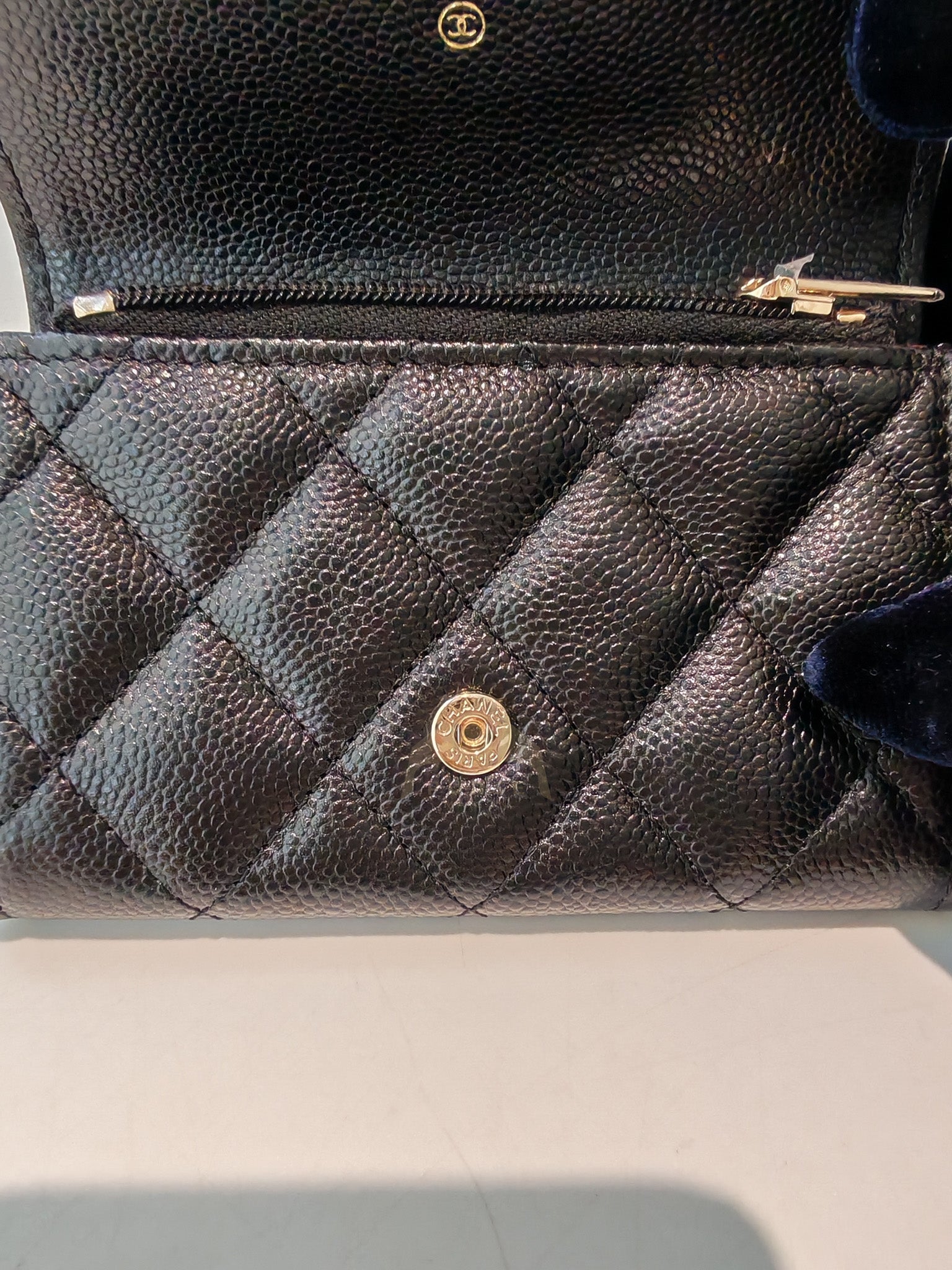 Flap Card Holder with Zipper in Black Caviar Leather and Light Gold Hardware (TG***7K) | Purse Maison Luxury Bags Shop