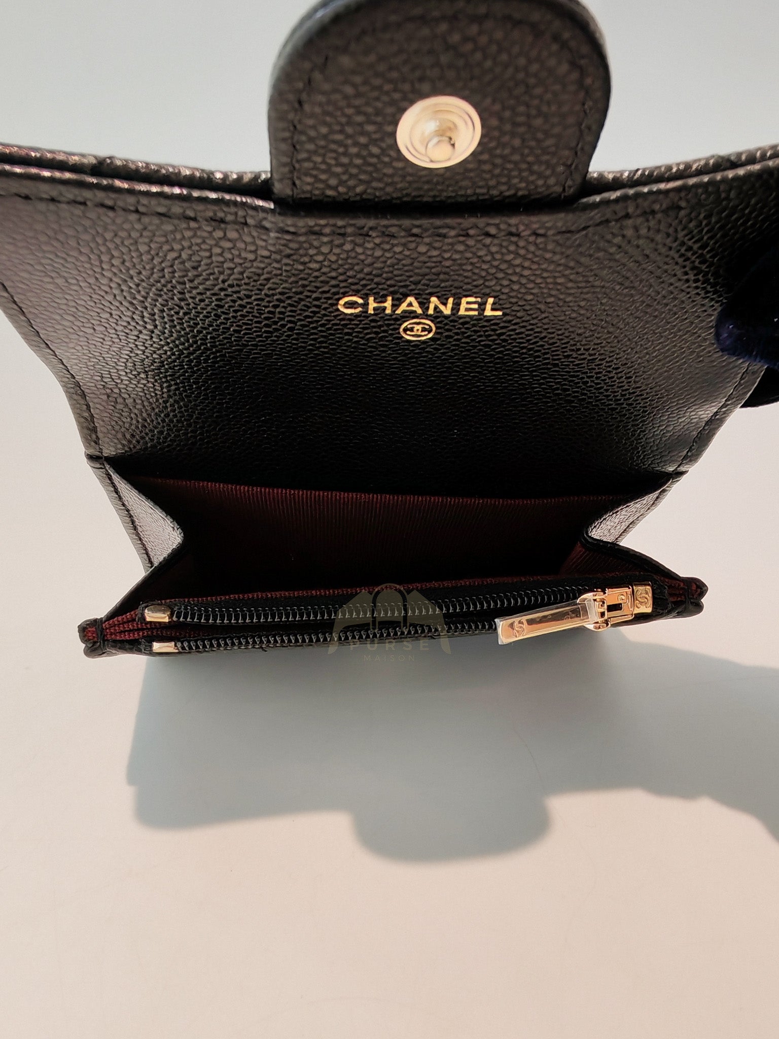 Flap Card Holder with Zipper in Black Caviar Leather and Light Gold Hardware (TG***7K) | Purse Maison Luxury Bags Shop