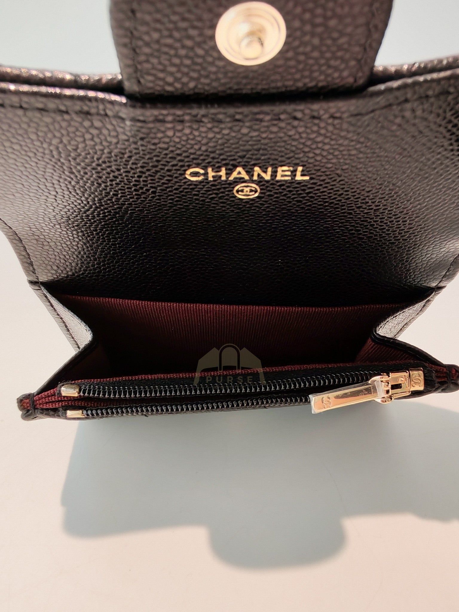 Flap Card Holder with Zipper in Black Caviar Leather and Light Gold Hardware (TG***7K) | Purse Maison Luxury Bags Shop