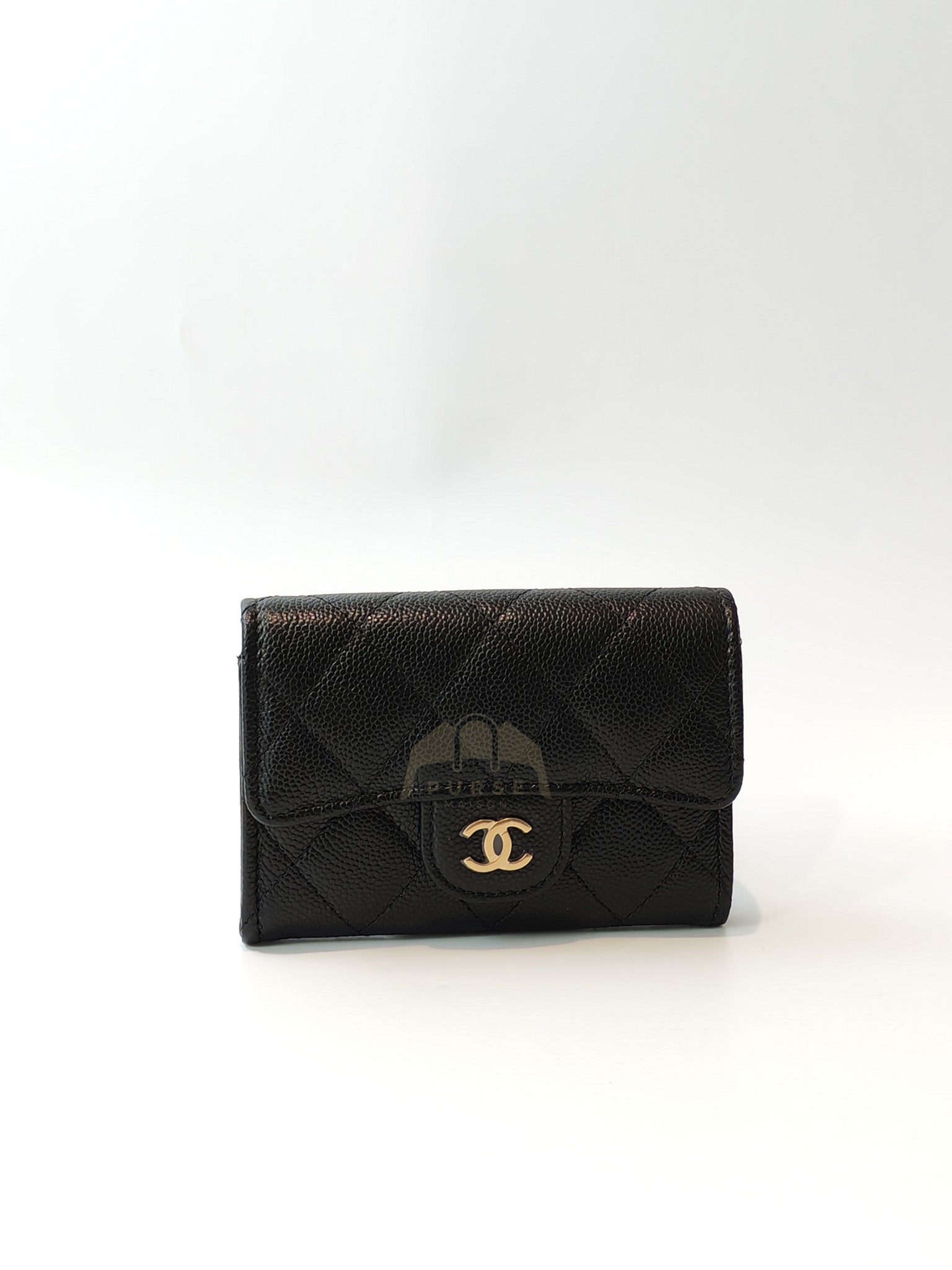 Flap Card Holder with Zipper in Black Caviar Leather & Gold Hardware Microchip(L1****70) | Purse Maison Luxury Bags Shop