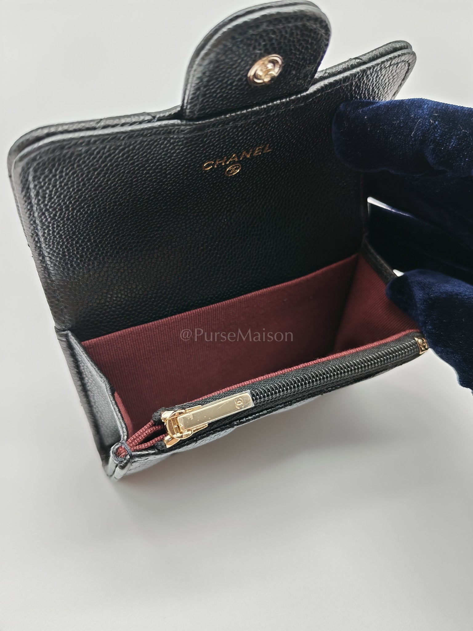 Flap Card Holder with Zipper in Black Quilted and Light Gold Hardware (Microchip) C9****6G | Purse Maison Luxury Bags Shop